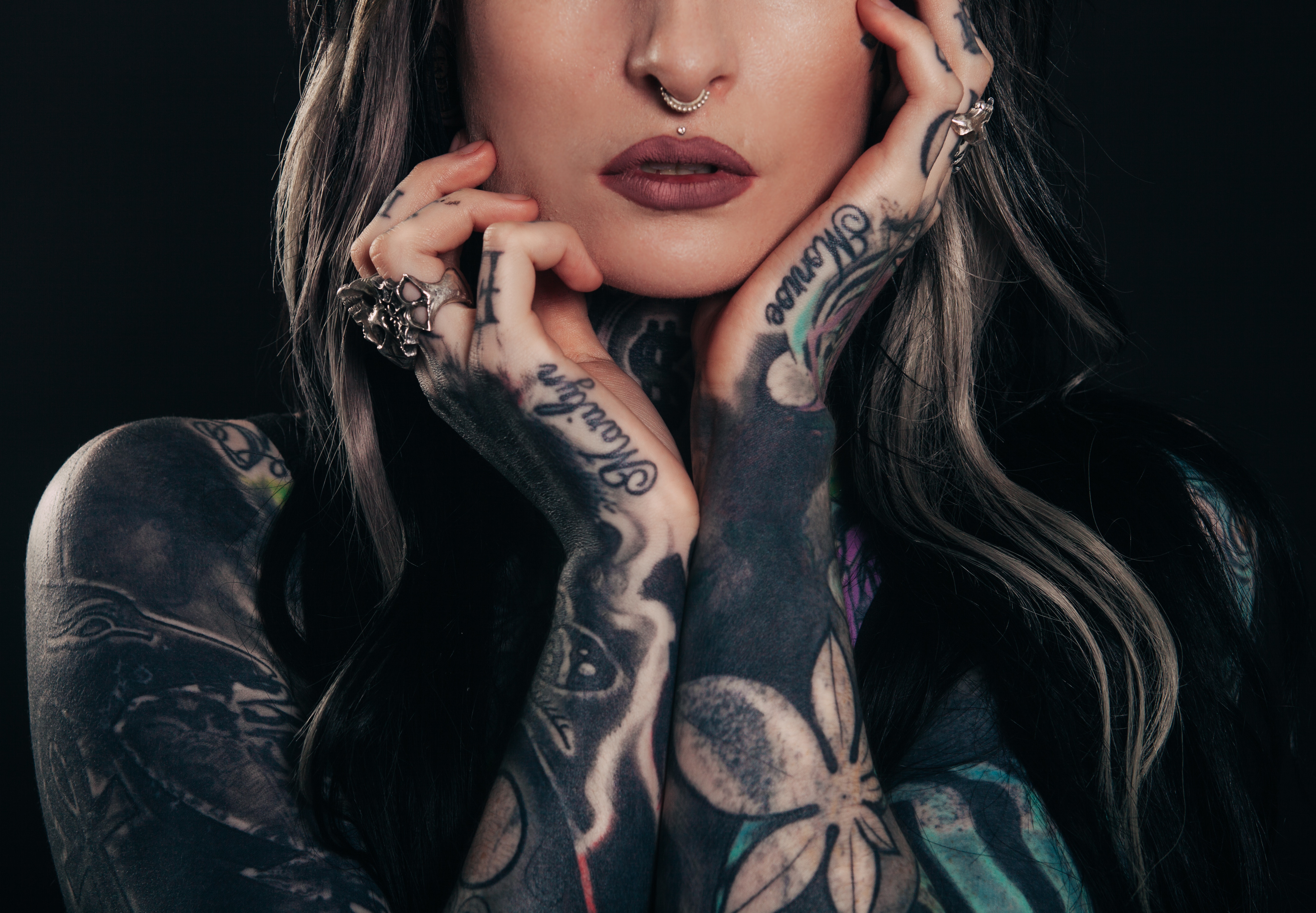 5400x3745 #woman, #tattooed, #fashion, #hand, #model, #PNG image, #rings, #female, #mode, #body art, #jewellery, #pose, #headshot, #tattoo, #lipstick, #makeup, #lip, #style, #hair, #ring, #portrait HD Wallpaper