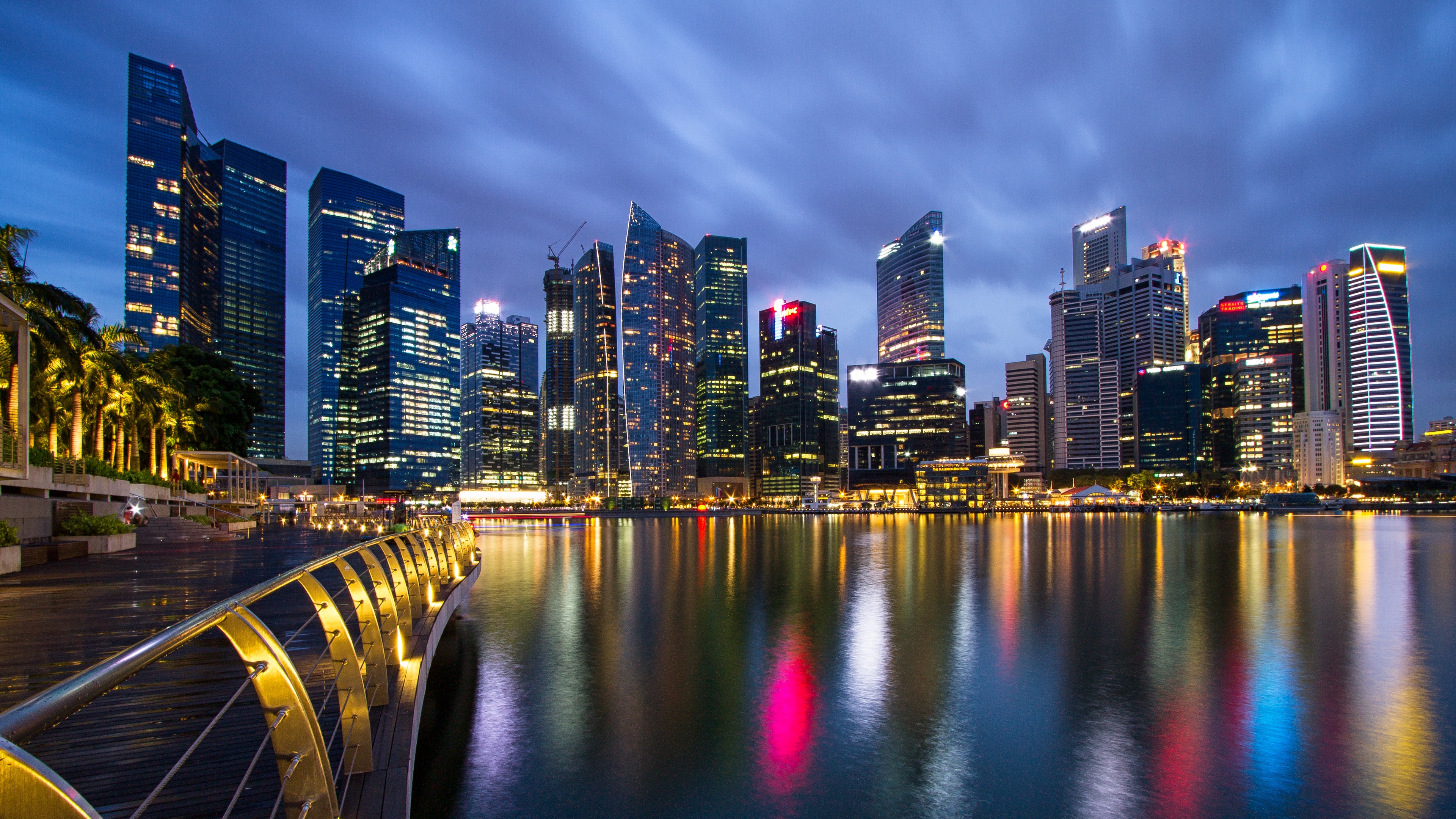 Wallpaper 4k Malaysia, Singapore, City State, Metropolis, Skyscrapers, Night, Lights, Light Blue, Sky, Bridge, Embankment, Spilling 4k Wallpaper