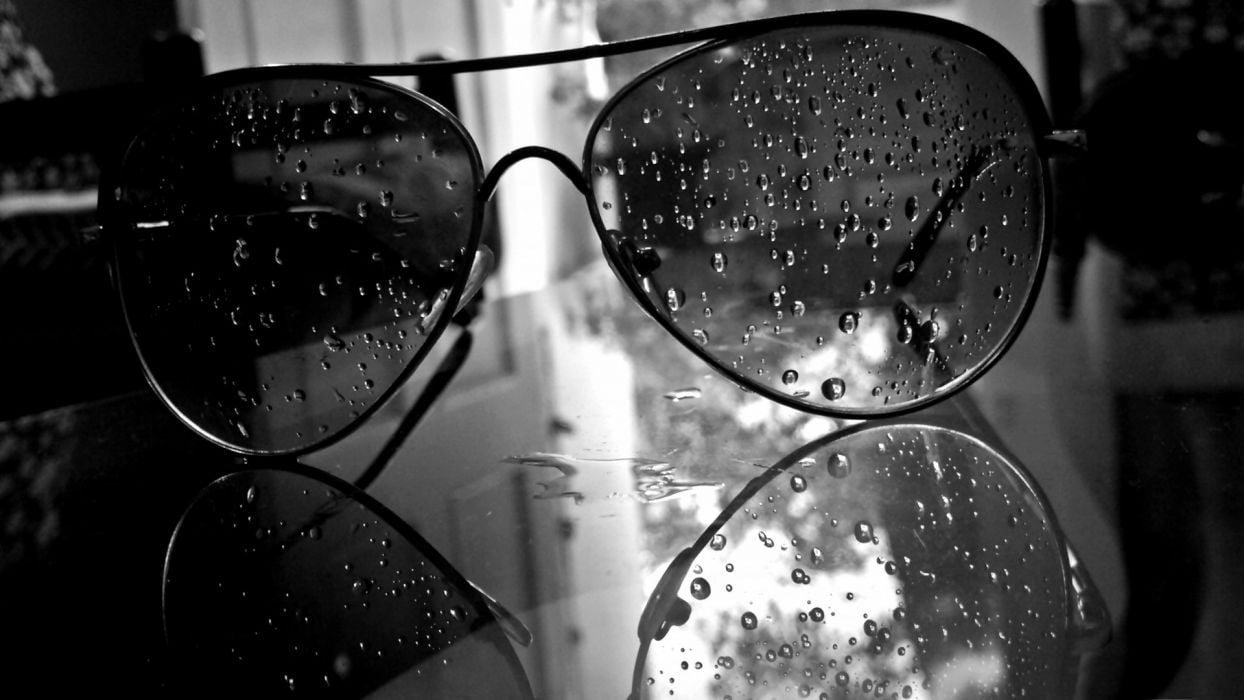 Glasses monochrome water drops aviator black white wallpaperx1080