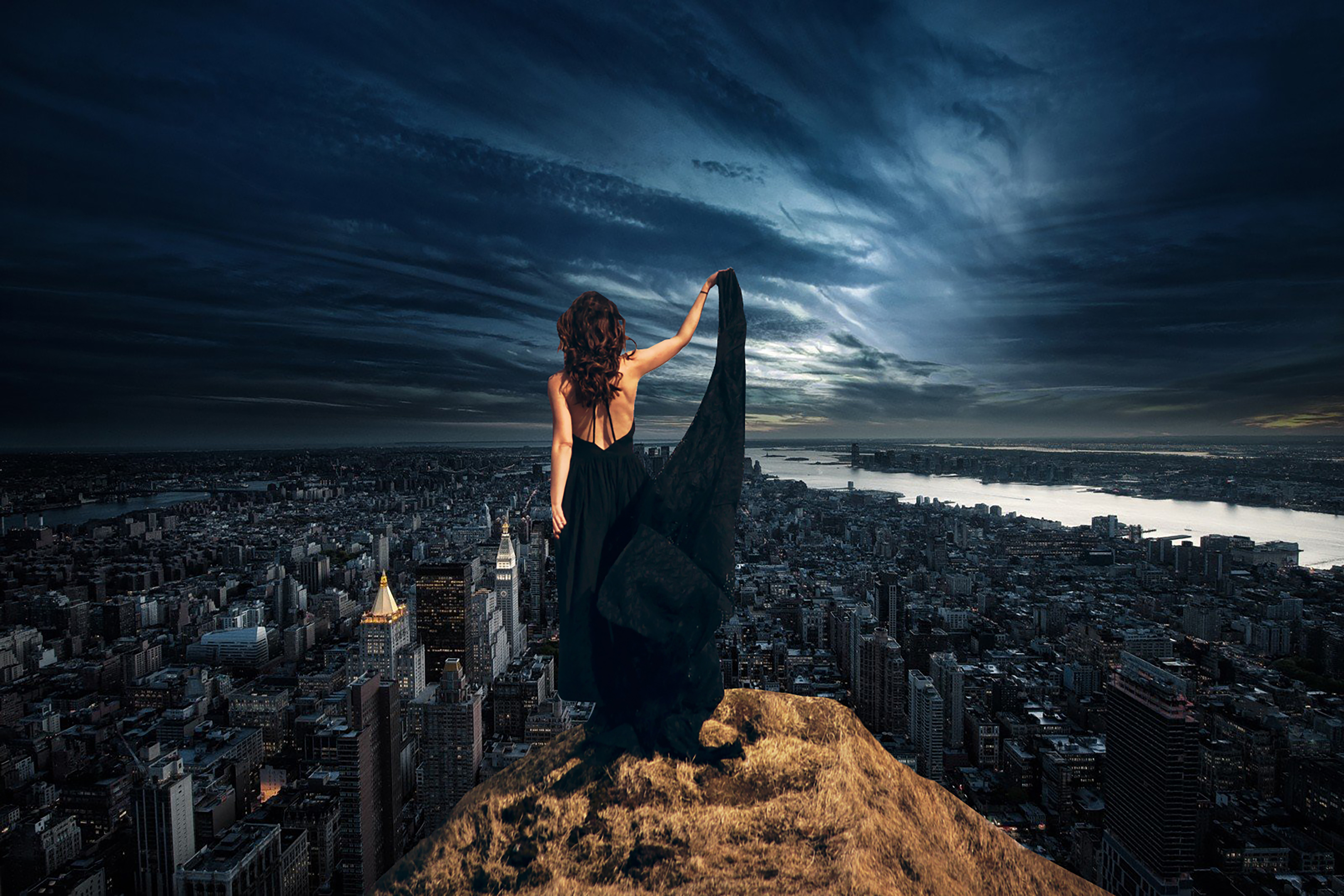 Wallpaper, america, background, buildings, city, clouds, dress, girl, hair, high, light, mountain, naked, new york, Queen, sky, USA, view, wallpaper, woman, Woutt 3333x2223
