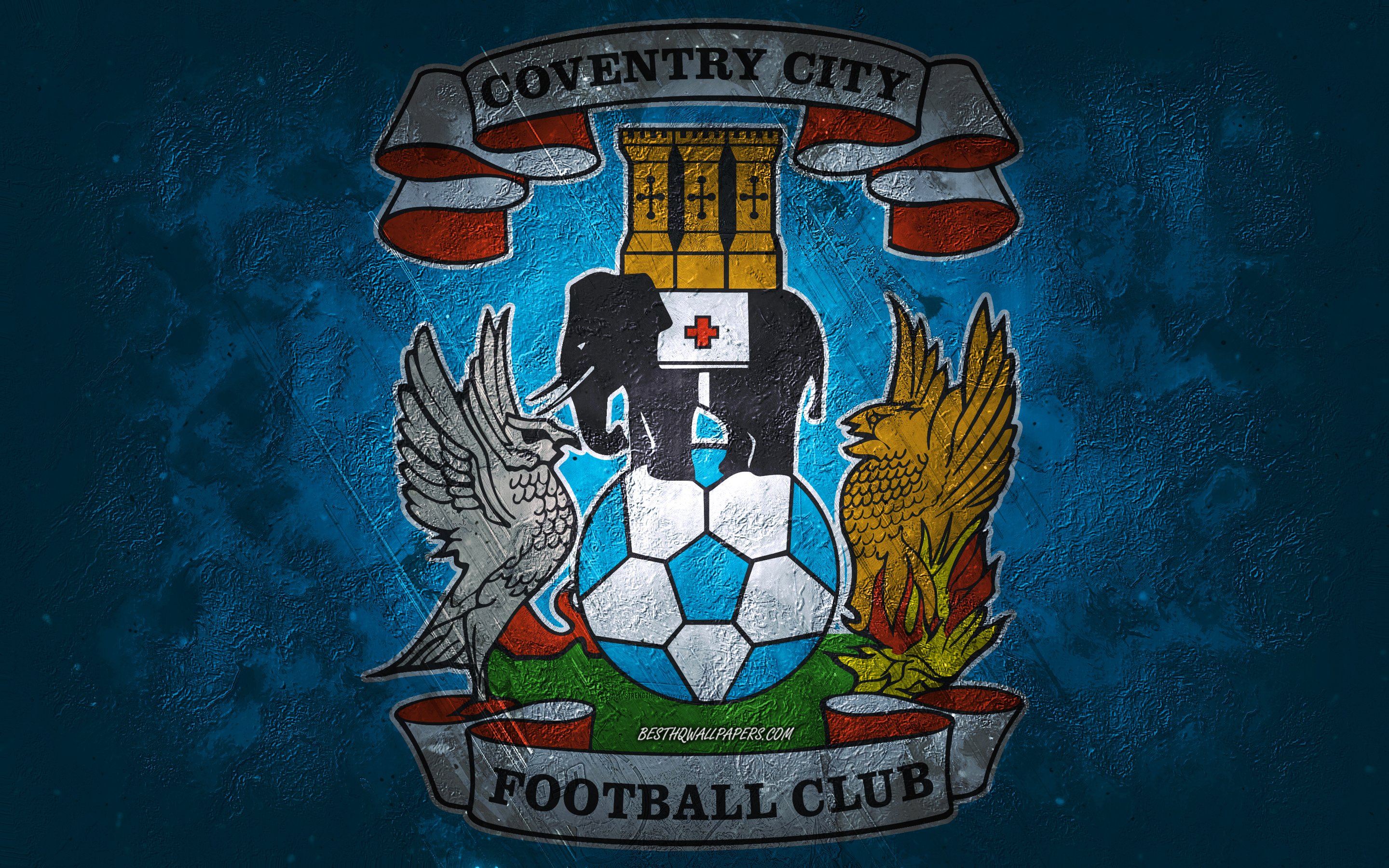 Download wallpaper Coventry City FC, English football team, blue background, Coventry City FC logo, grunge art, EFL Championship, Coventry, football, England, Coventry City FC emblem for desktop with resolution 2880x1800. High Quality