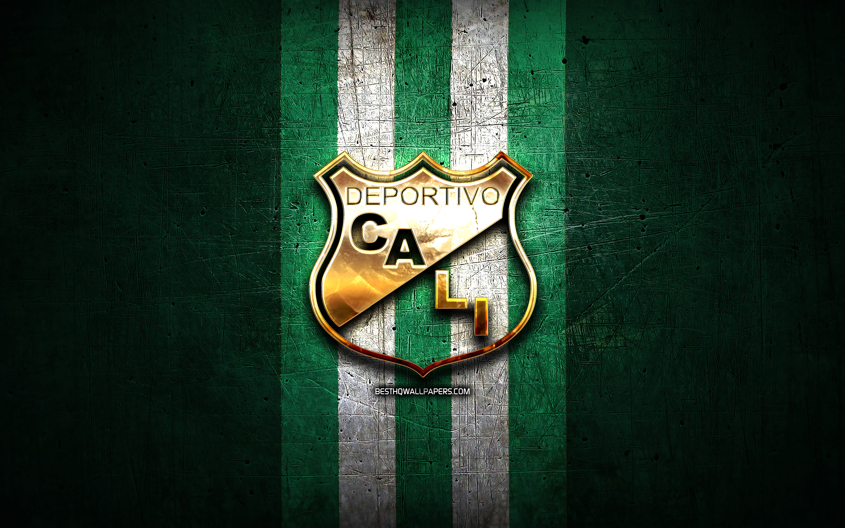 Download wallpaper Deportivo Cali FC, golden logo, Categoria Primera A, green metal background, football, colombian football club, Deportivo Cali logo, soccer, Deportivo Cali for desktop with resolution 2880x1800. High Quality HD picture