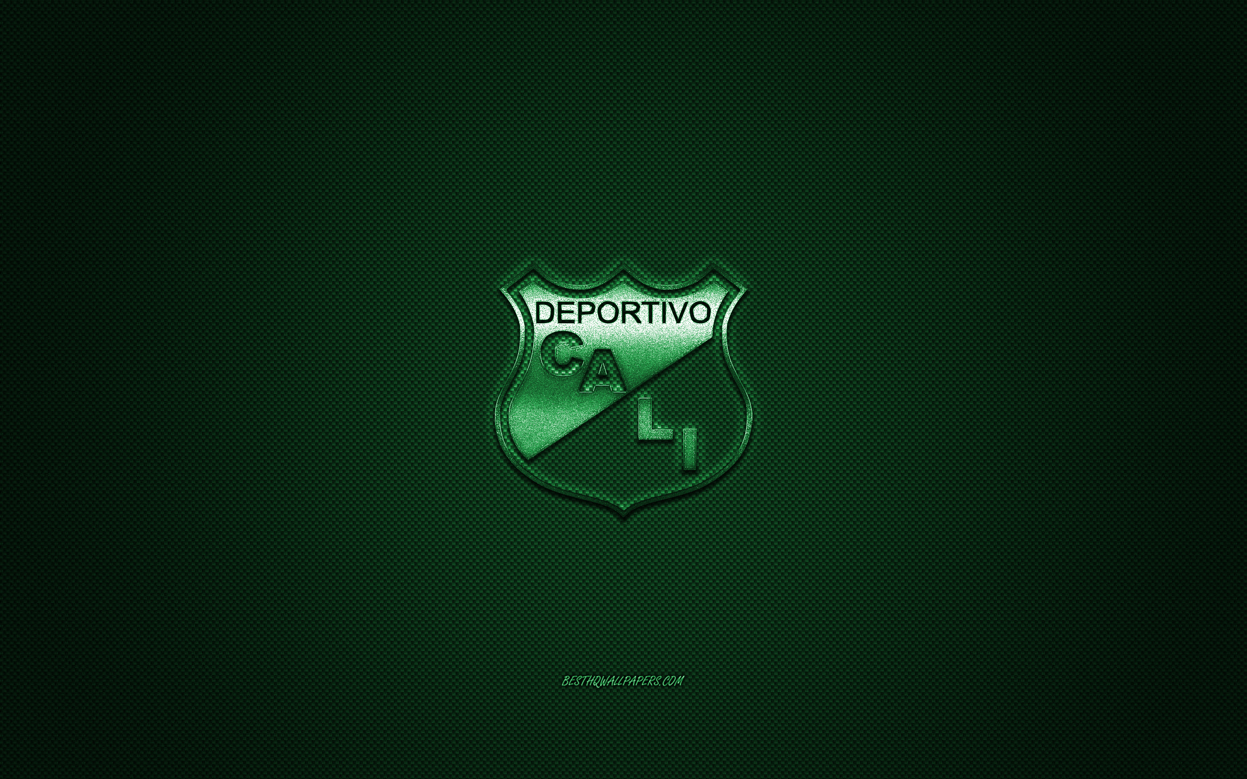 Download wallpaper Deportivo Cali, Colombian football club, green logo, green carbon fiber background, Categoria Primera A, football, Cali, Colombia, Deportivo Cali logo for desktop with resolution 2560x1600. High Quality HD picture wallpaper