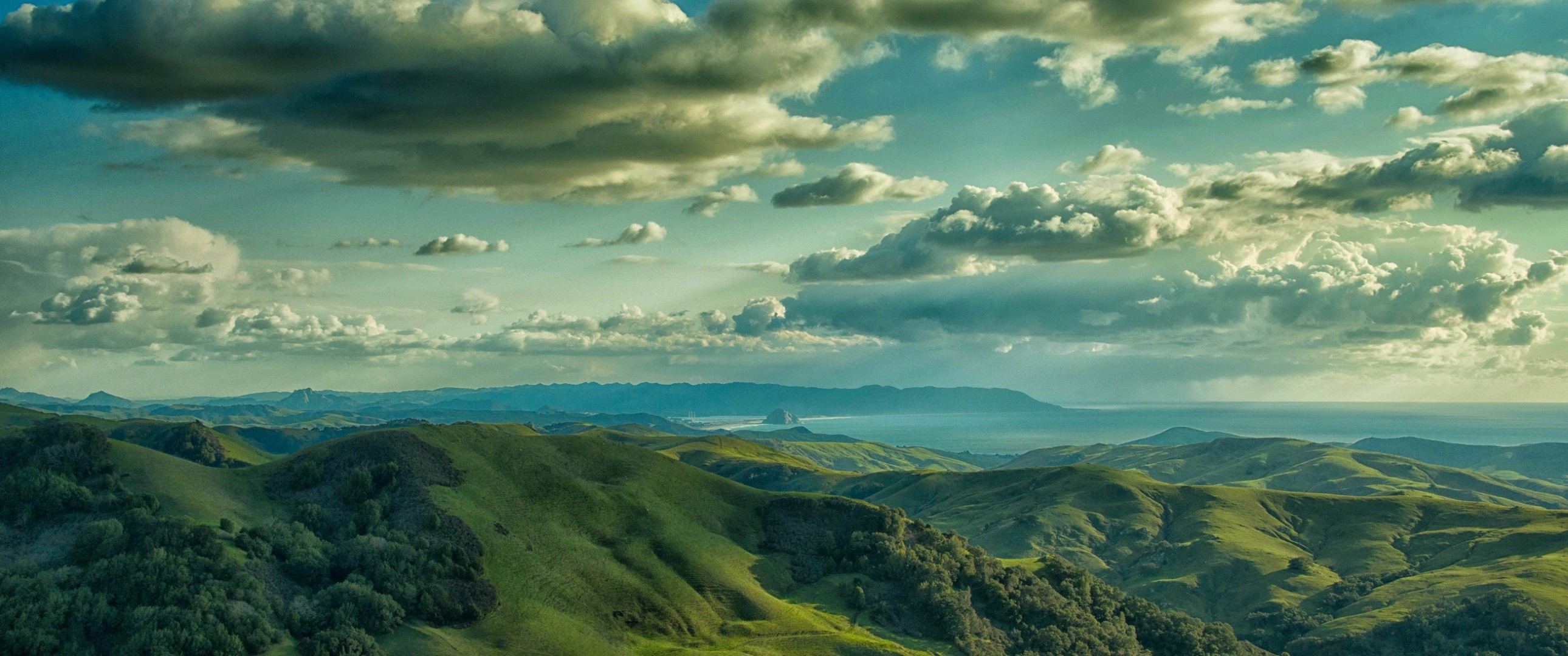 Download 2580x1080 Mountains, Forest, Clouds Wallpaper