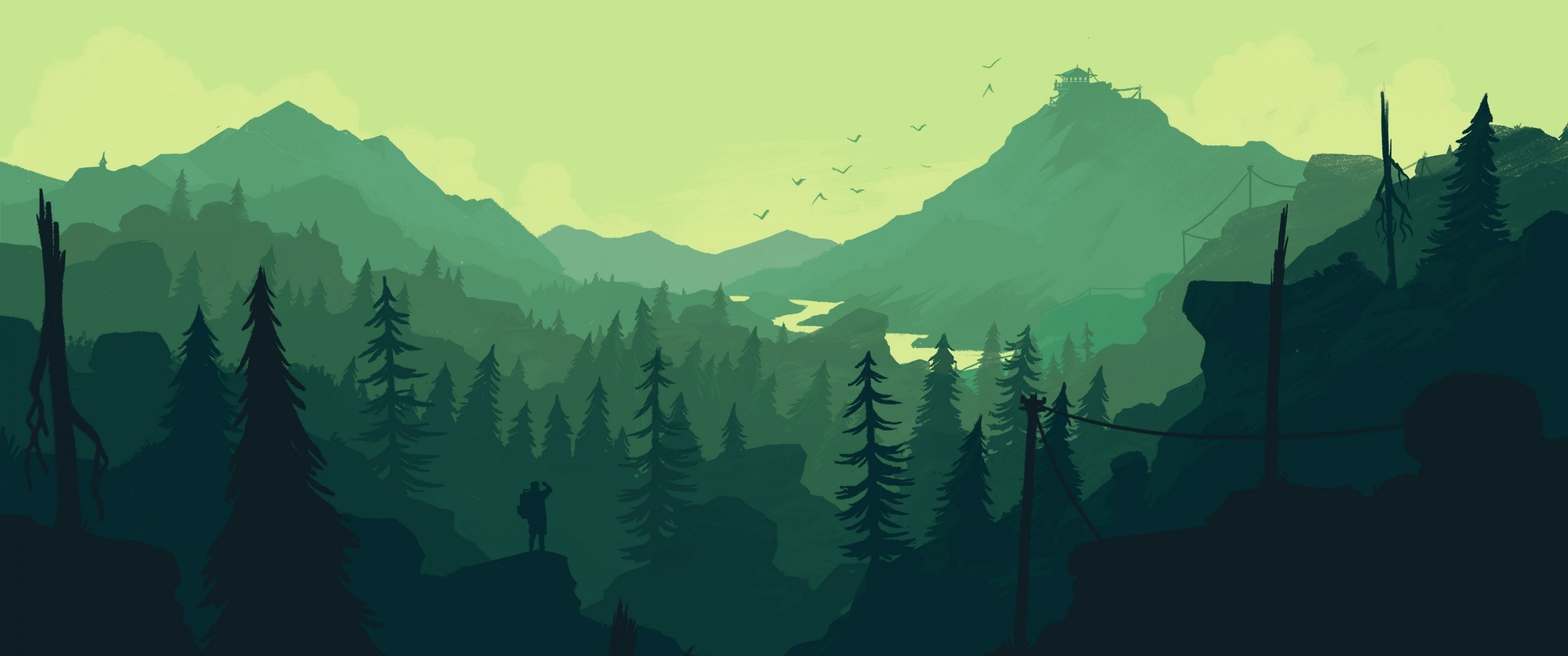 Download 2580x1080 Firewatch, Landscape, Forest, Minimalistic Wallpaper