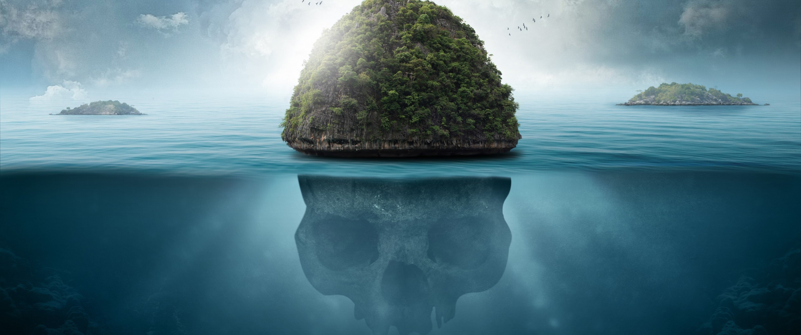 Download 2580x1080 Skull Island, Ocean, Underwater Wallpaper