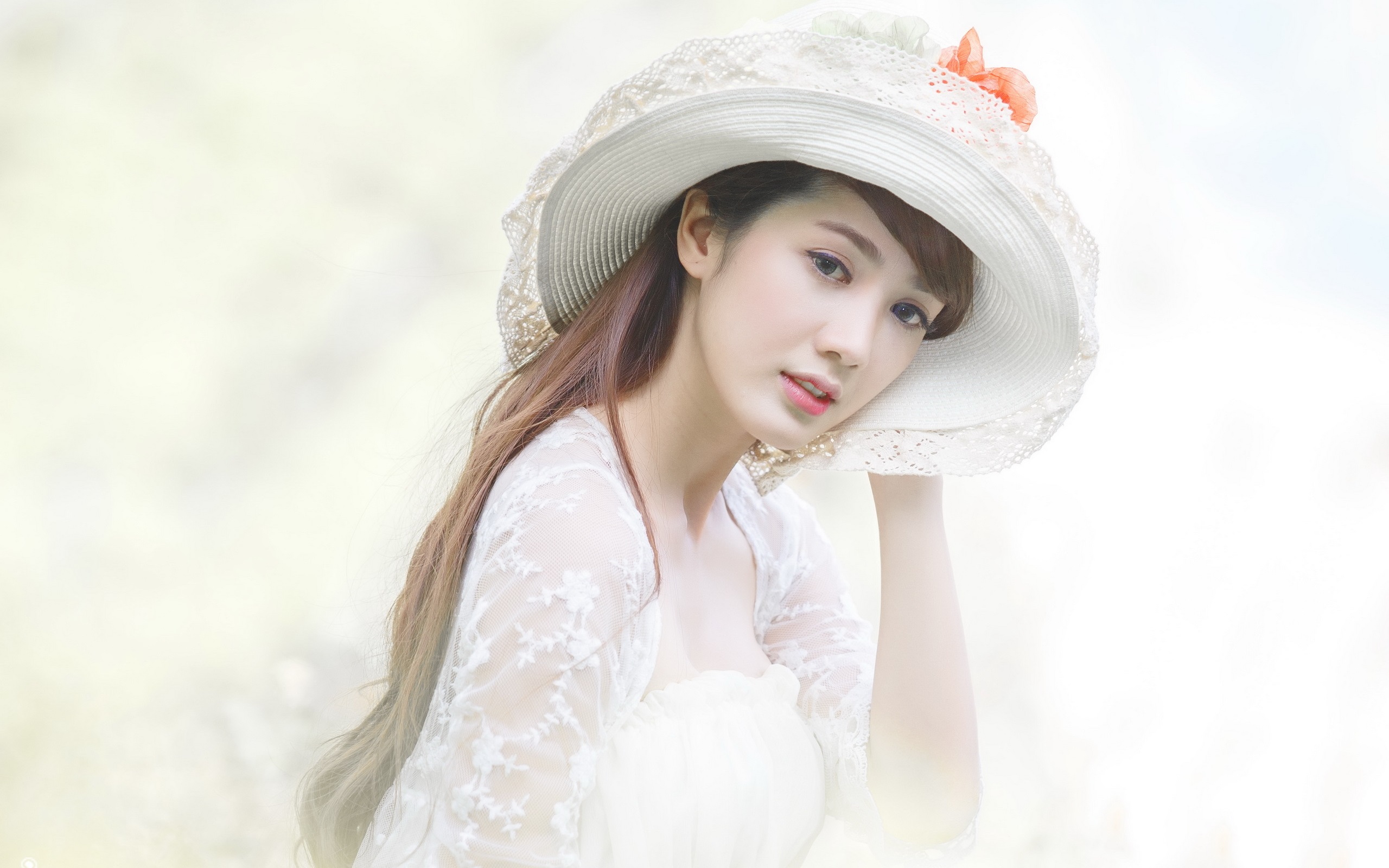 Wallpaper White dress asian girl, hat 2560x1600 HD Picture, Image