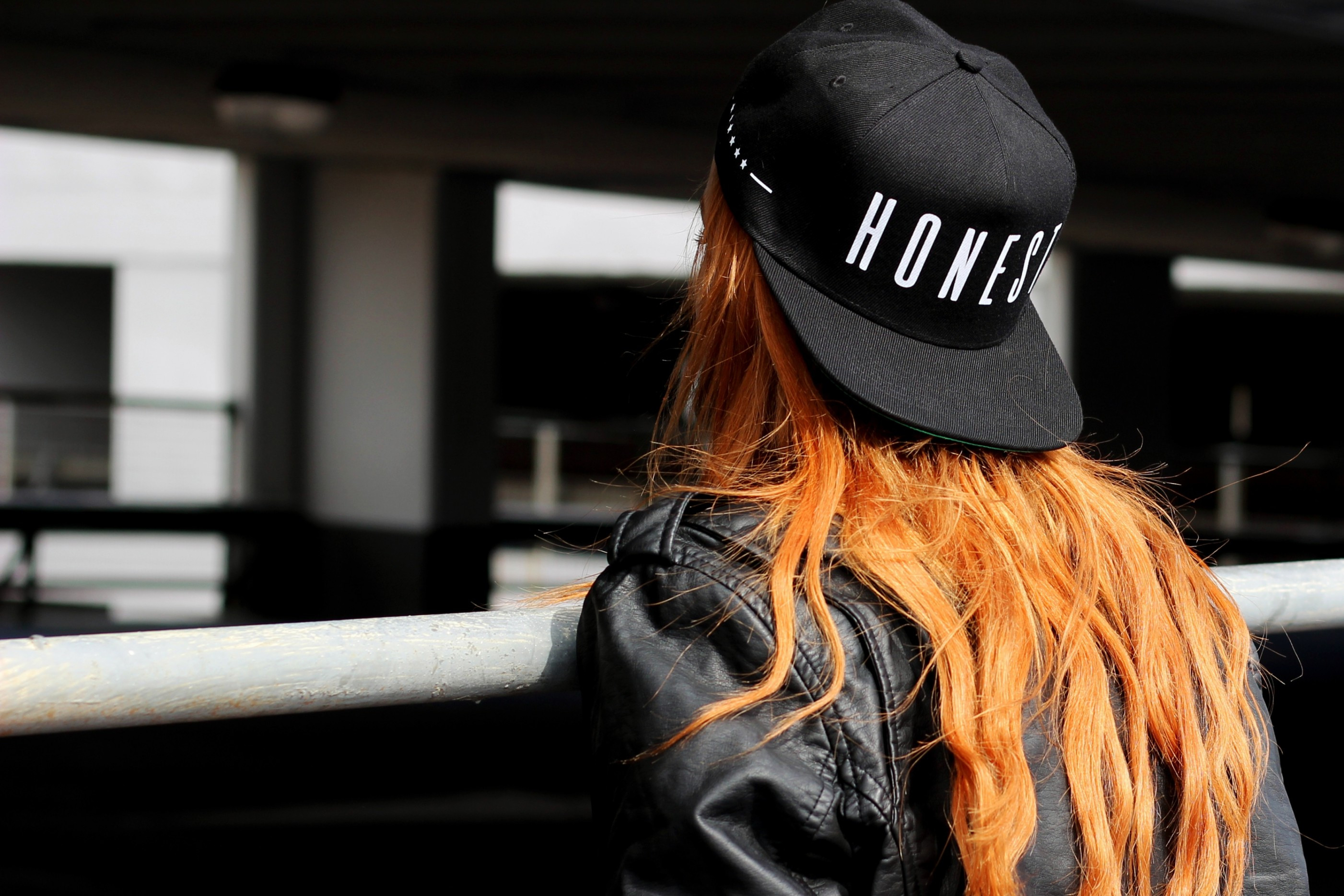 Download 2803x1869 Redhead, Girl, Hat, Jacket, Back View Wallpaper