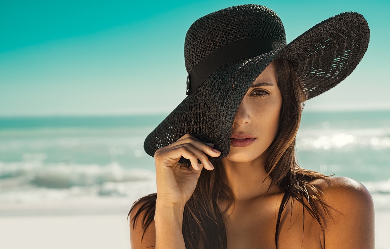 Wallpaper sea, beach, summer, girl, hat image for desktop, section девушки