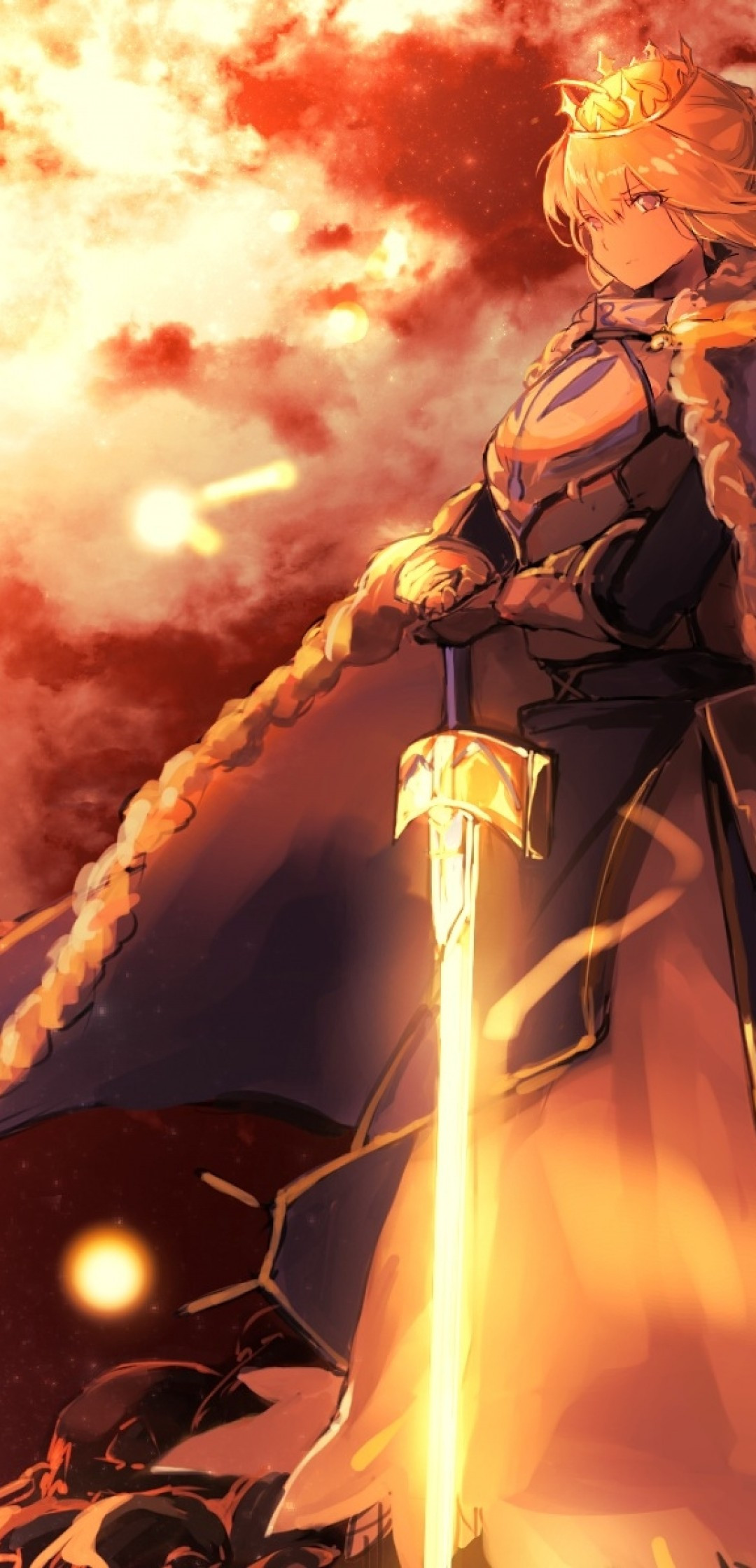 Download 1080x2240 Saber Alter, Artoria Pendragon, Fate Stay Night, Sword, Cape, Sunset, Armor Wallpaper for Huawei P20 Pro