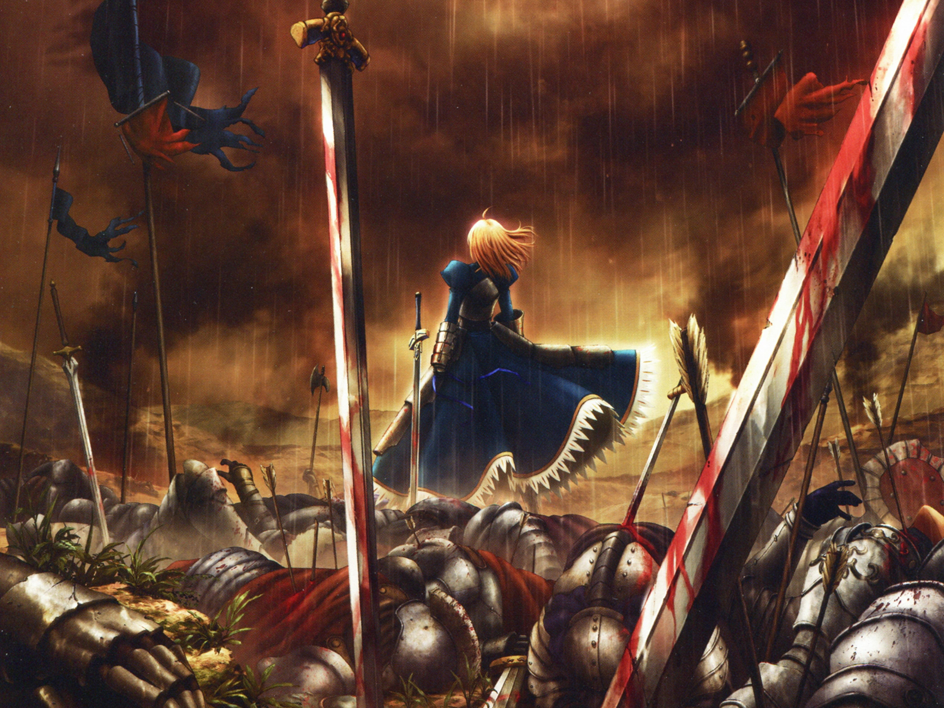 fate, Zero, Anime, Sword, Rain, Saber, Arturia, Pendragon, Blood Wallpaper HD / Desktop and Mobile Background