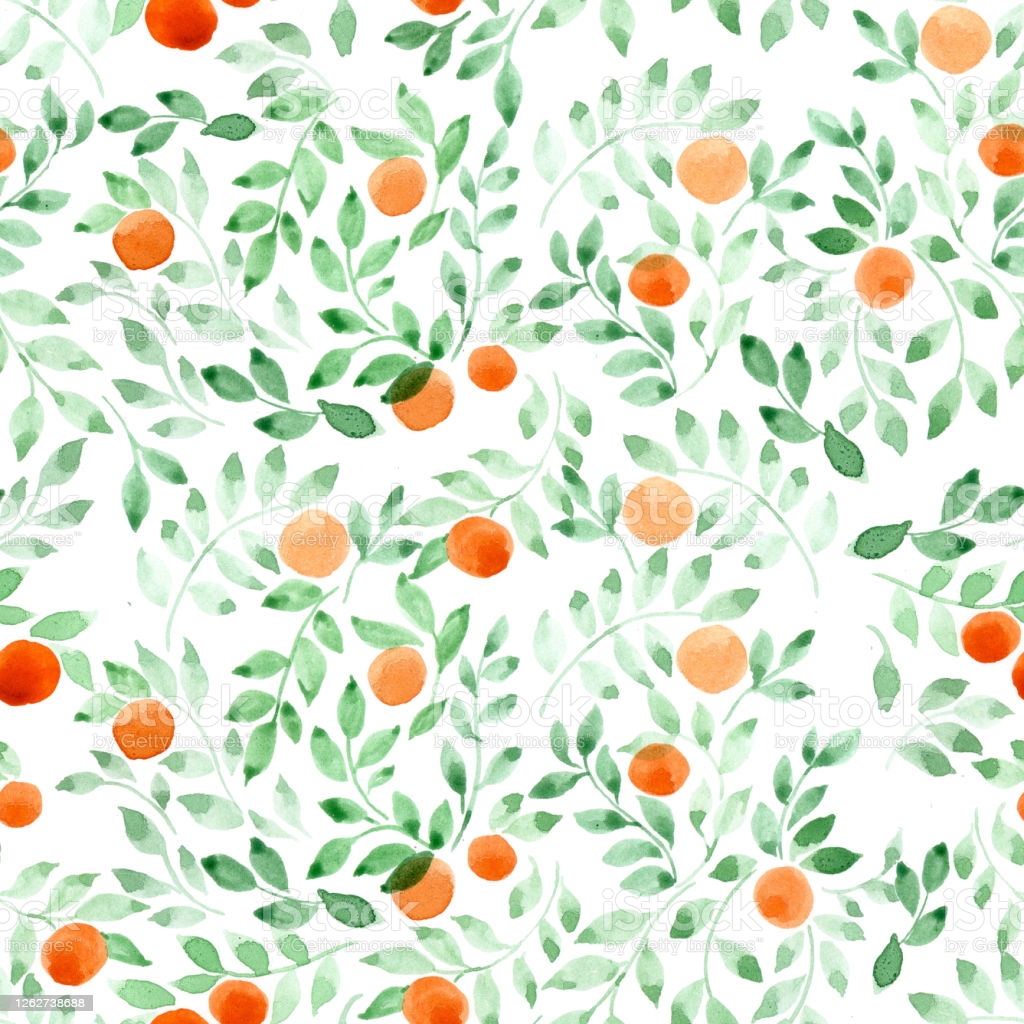 Watercolor Seamless Pattern Abstract Green Leaves And Fruits Of Orange Tangerine On A White Background Vintage Background In Provence Style Botanical Ornament Design For Fabric Wallpaper Stock Illustration Image Now