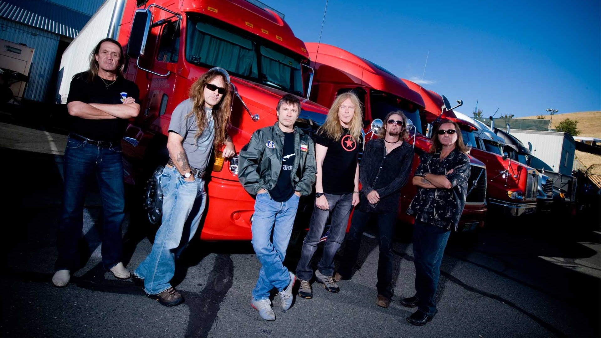 Preview wallpaper iron maiden, band, trucks, sky, look 1920×1080