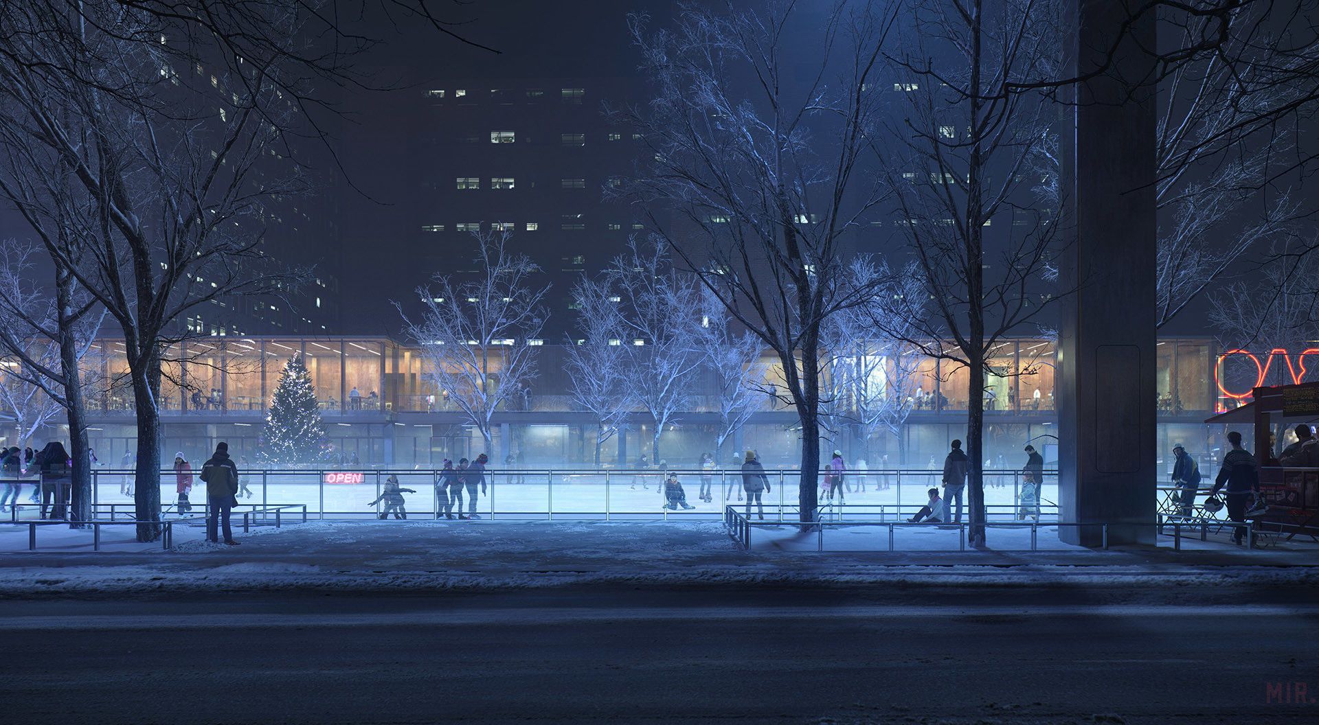 Ice skating Rink, Tamas Medve. Tree winter wallpaper, Anime city, Winter wallpaper