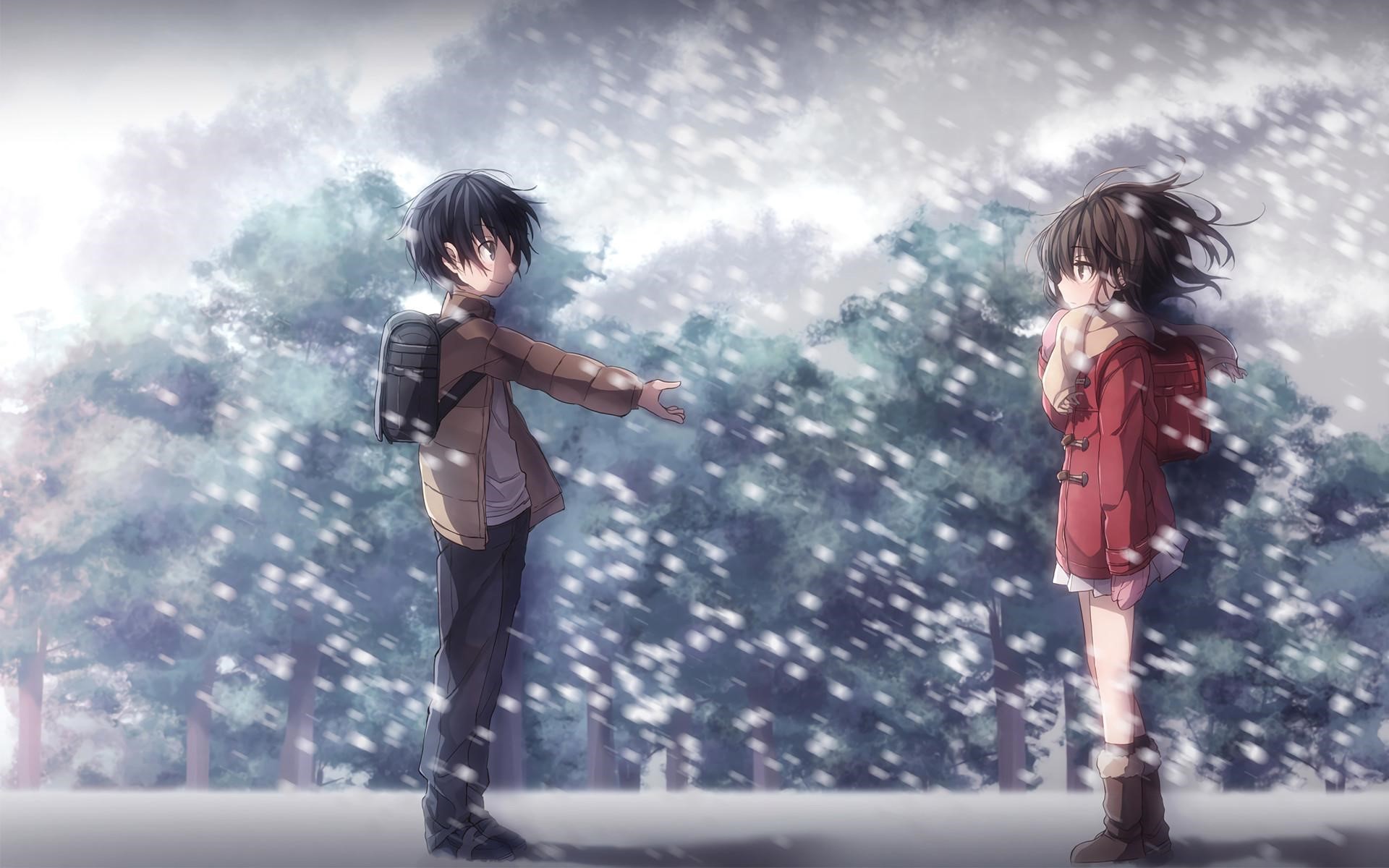 winter, anime, snow, anime girls, standing, Boku dake ga Inai Machi, anime boys HD Wallpaper
