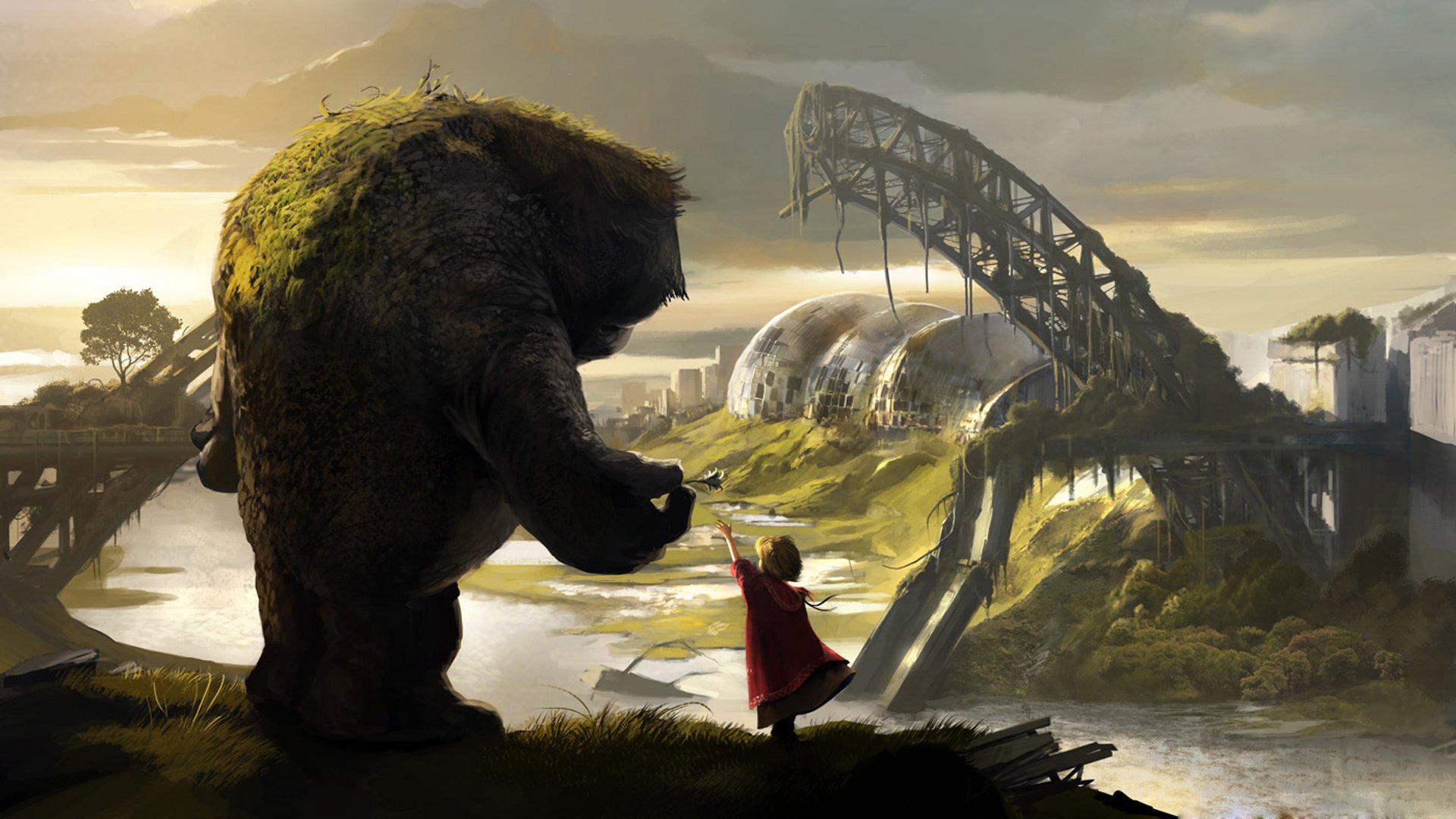 friendship, Painting city, Bridge, Collapsed, Giant, Monster Wallpaper HD / Desktop and Mobile Background