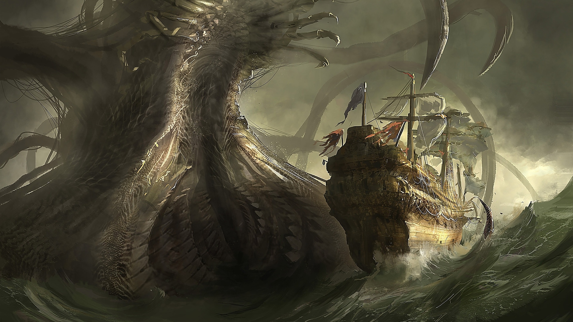 1920x1080 sea, giant, danger, ship, art, monster