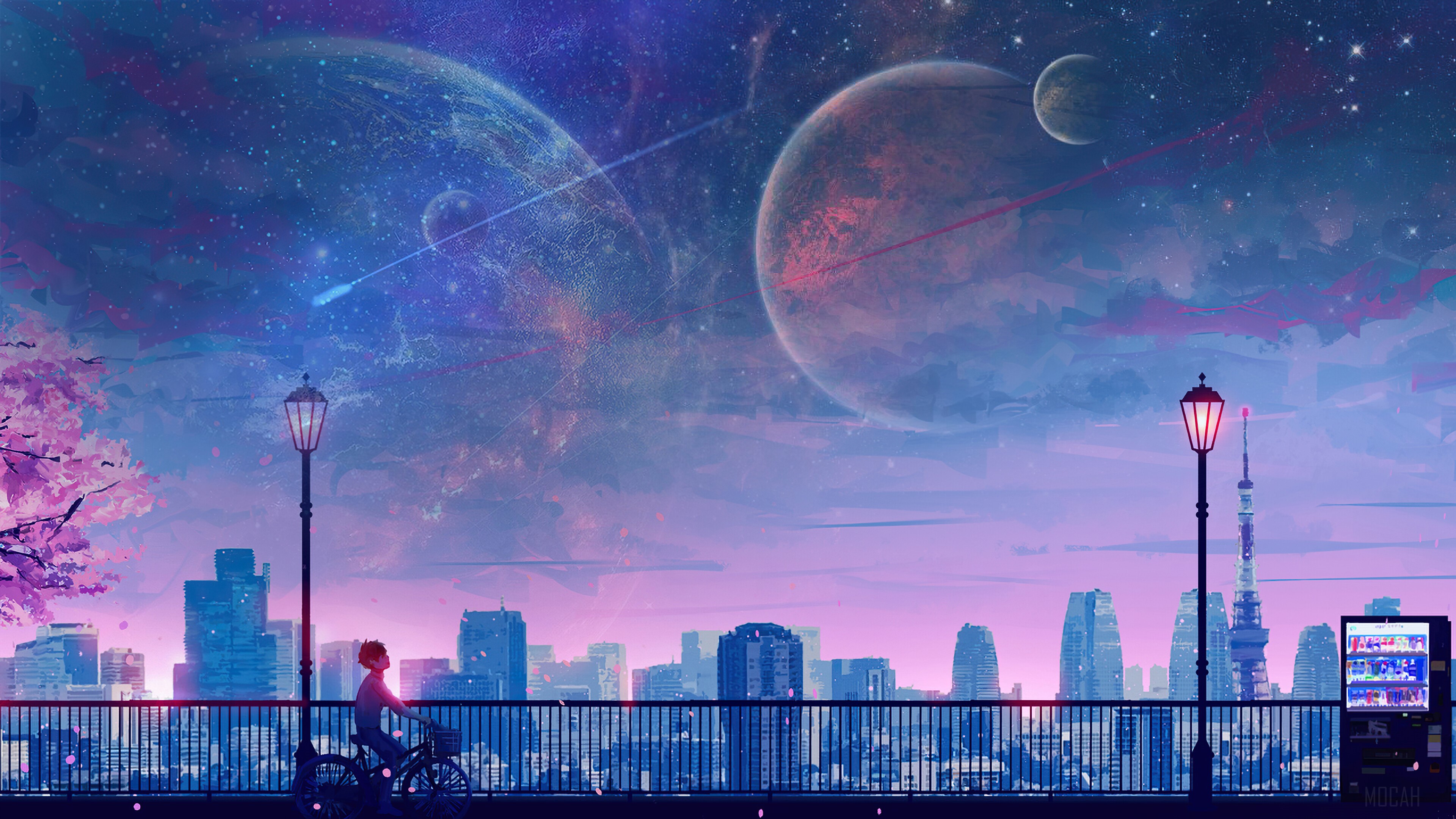 Anime, Boy, Riding, Bicycle, Moon, Night, City, Scenery 4k wallpaper HD Wallpaper