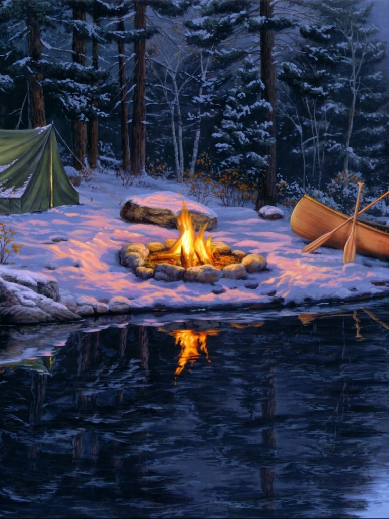 Campfire Winter Forest Lake iPad wallpaper