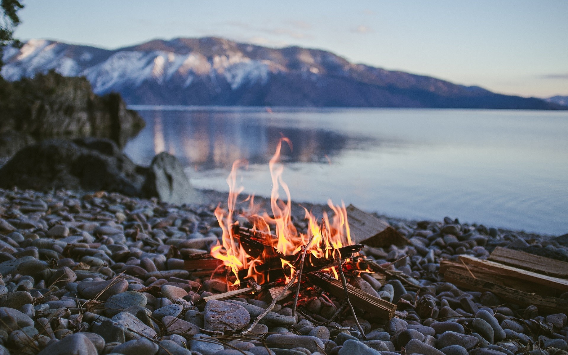 #campfire, #depth of field, #fire, #stones, #stone, #lake, #water, #nature, wallpaper HD Wallpaper