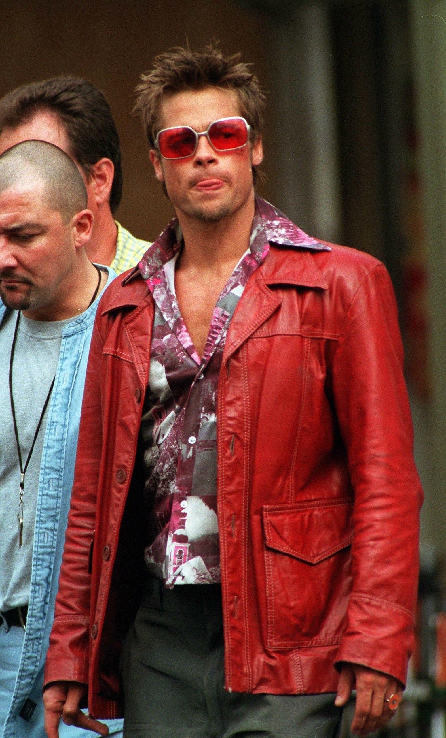 Tyler Durden Image On Set August 11 1998 HD Wallpaper And Background Photo. Fight Club Brad Pitt, Celebrities Leather Jacket, Brad Pitt
