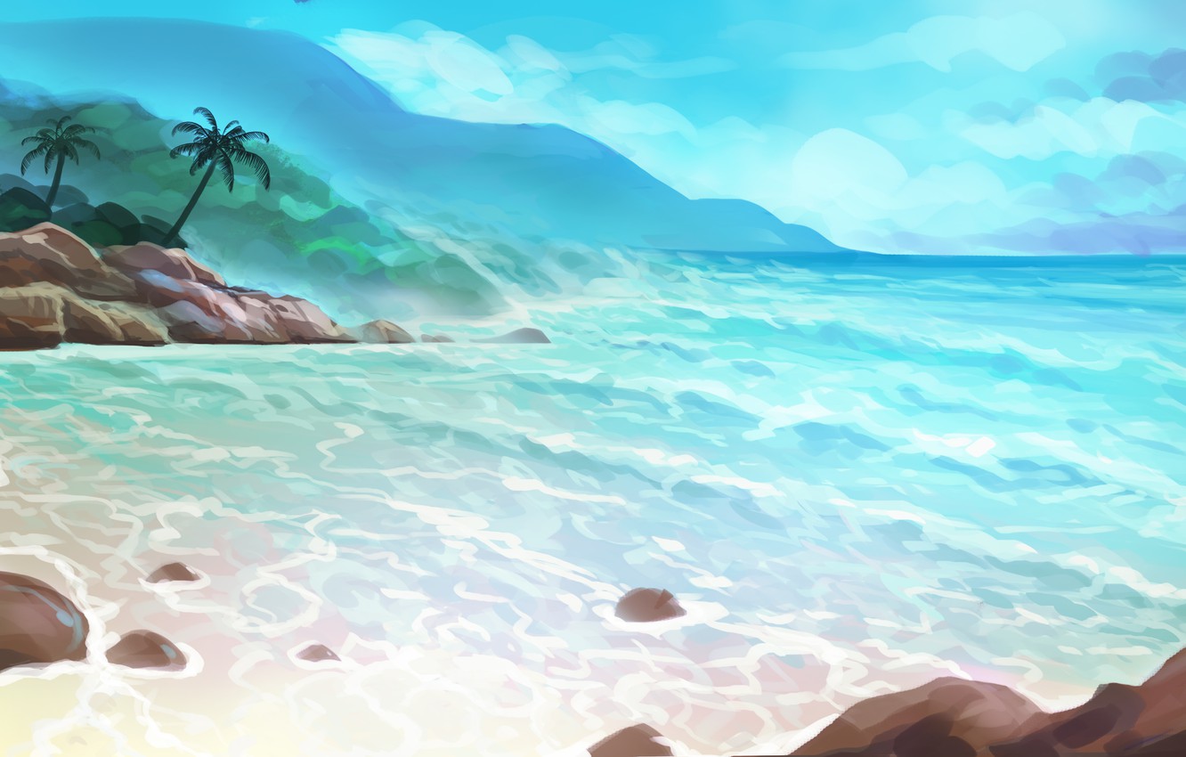 Wallpaper sea, summer, palm trees, island, art, painted landscape image for desktop, section разное