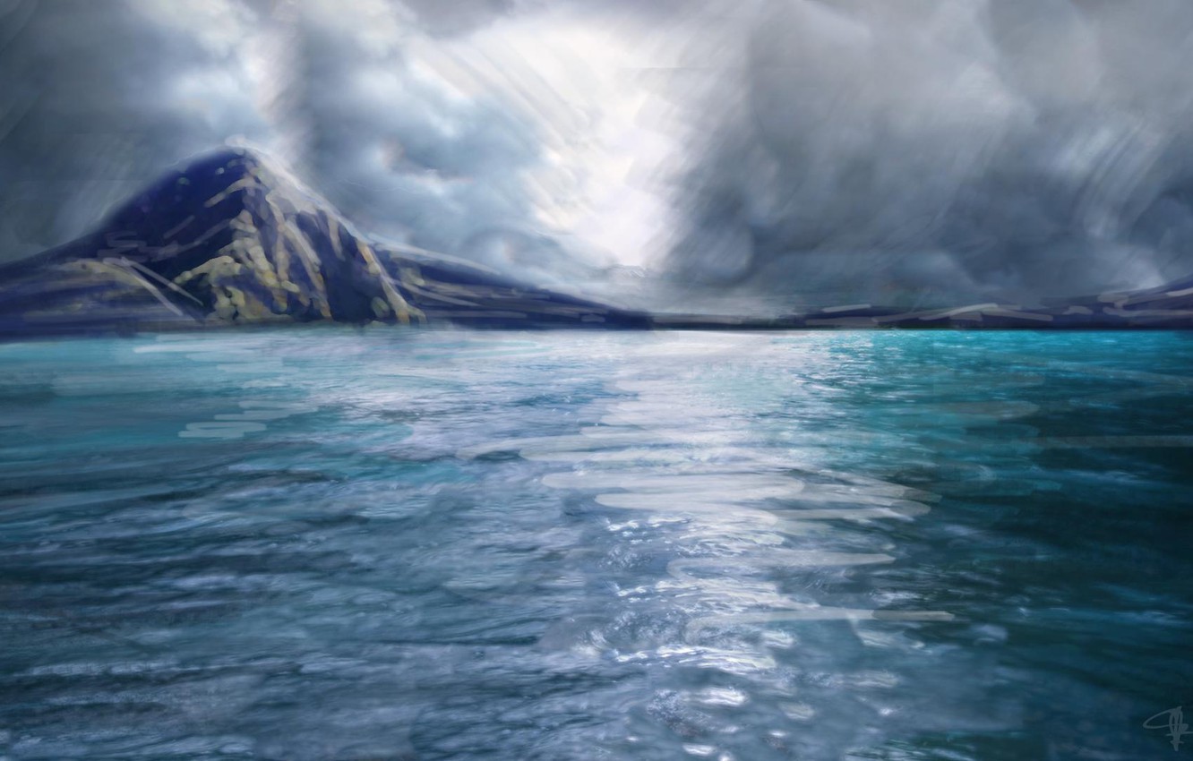 Wallpaper sea, the sky, clouds, reflection, the ocean, landscape, island, art, painting image for desktop, section живопись