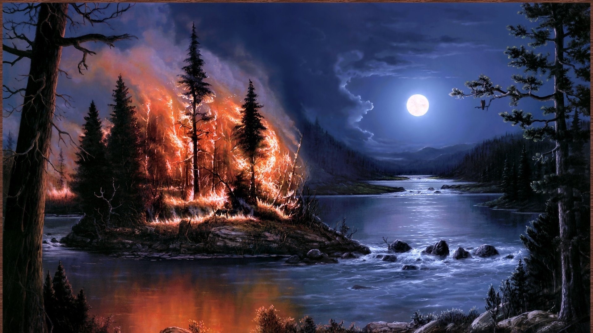 1920x1080 Fire, Full moon, Night, River, Wood, Island, Art, Painting wallpaper JPG