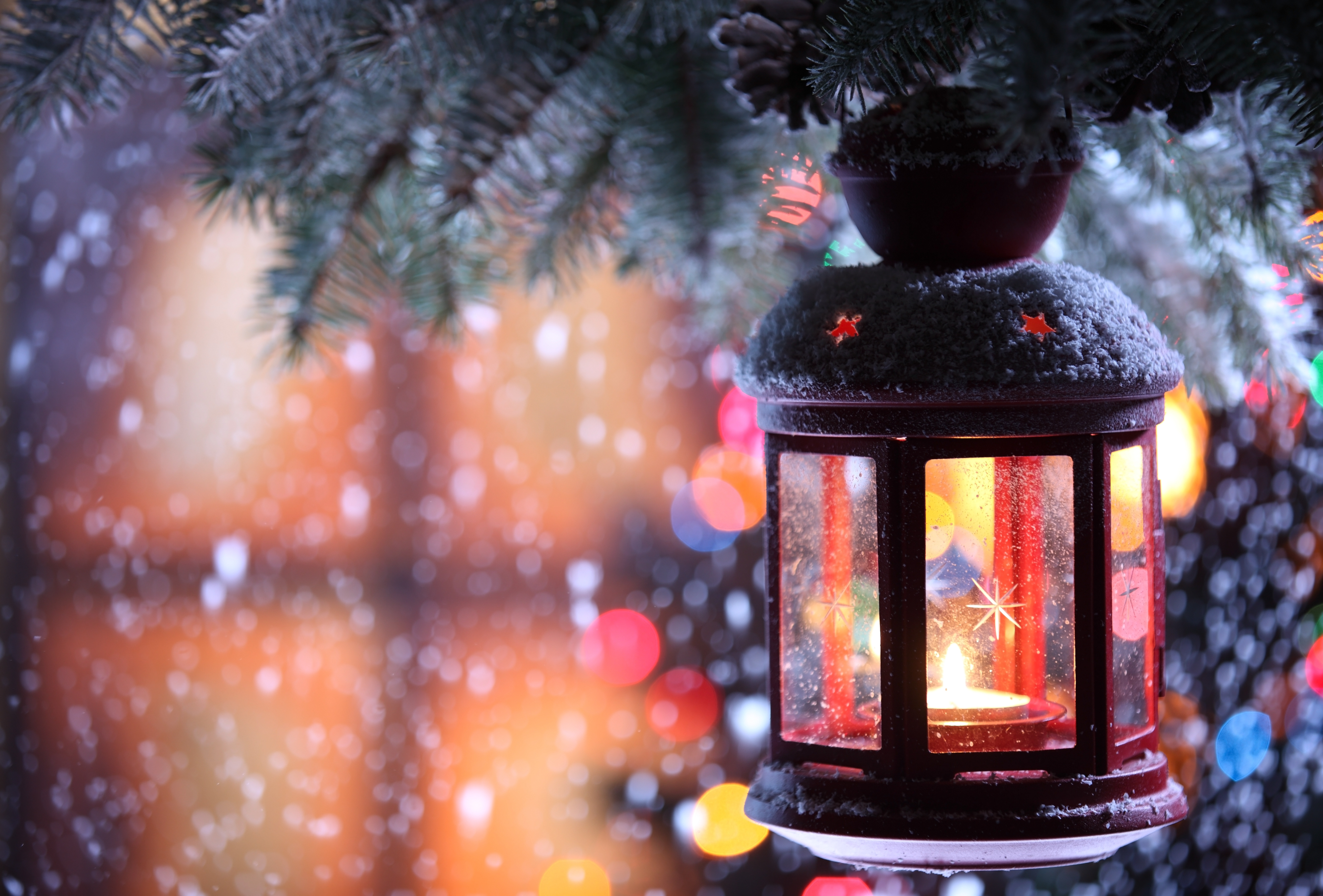 Wallpaper, candle, torch, branch, snow, winter, snowflakes, Christmas Tree 5526x3744