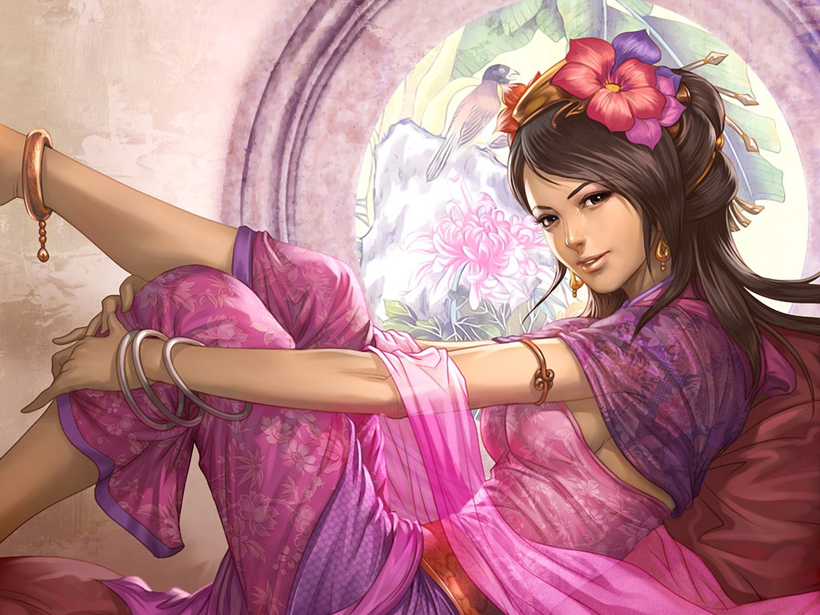 #video games, #brown eyes, #flowers, #Dynasty Warriors, #sideboob, #brunette, #women, #purple, #artwork, #Chinese, #Diao Chan, wallpaper HD Wallpaper