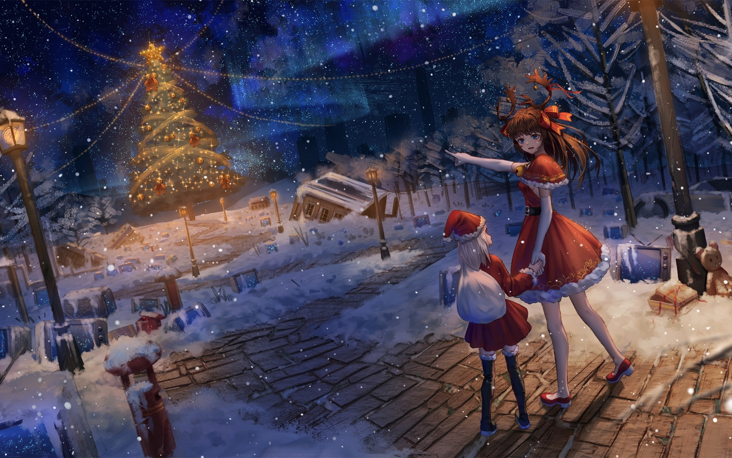 Download 2560x1600 Anime Christmas Santa Clothes, Tree, Snow, Scenic Wallpaper for MacBook Pro 13 inch