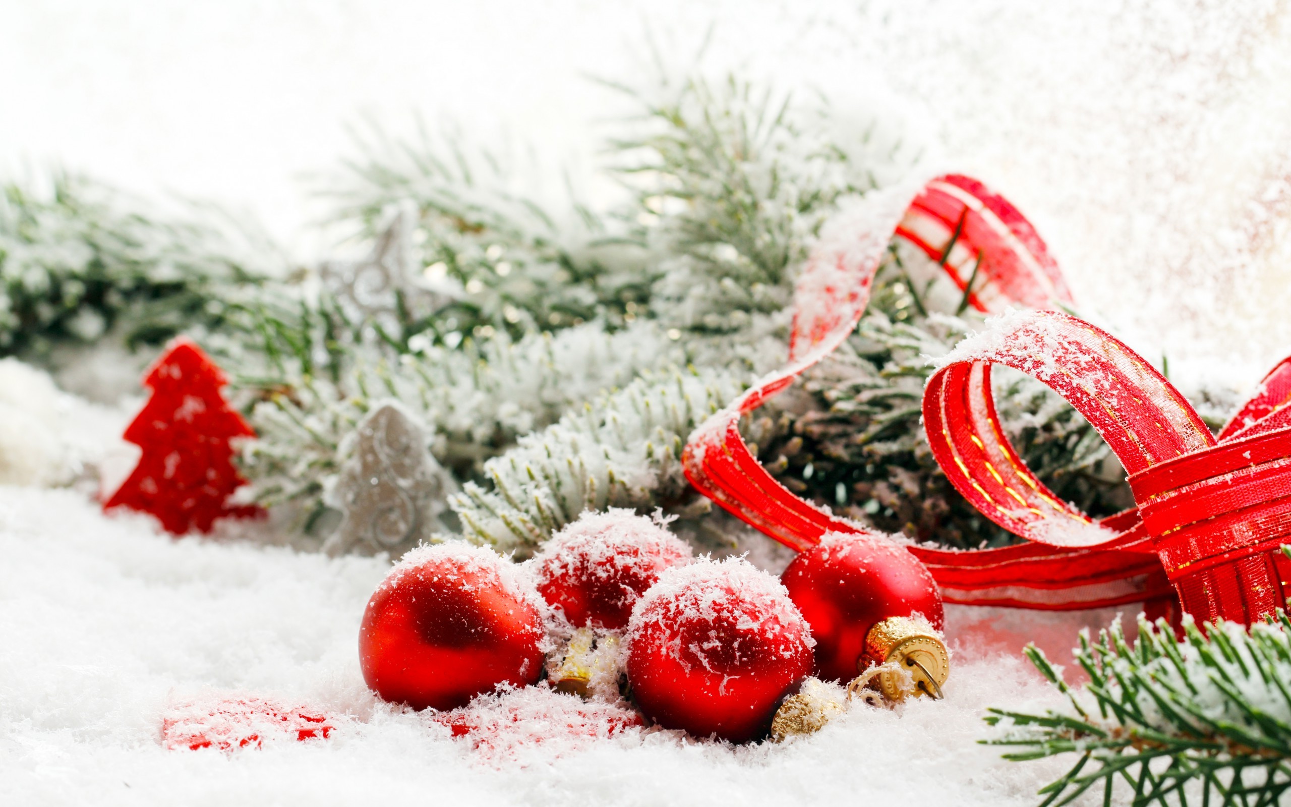 Wallpaper, 2560x1600 px, Christmas ornaments, leaves, New Year, ribbon, snow 2560x1600