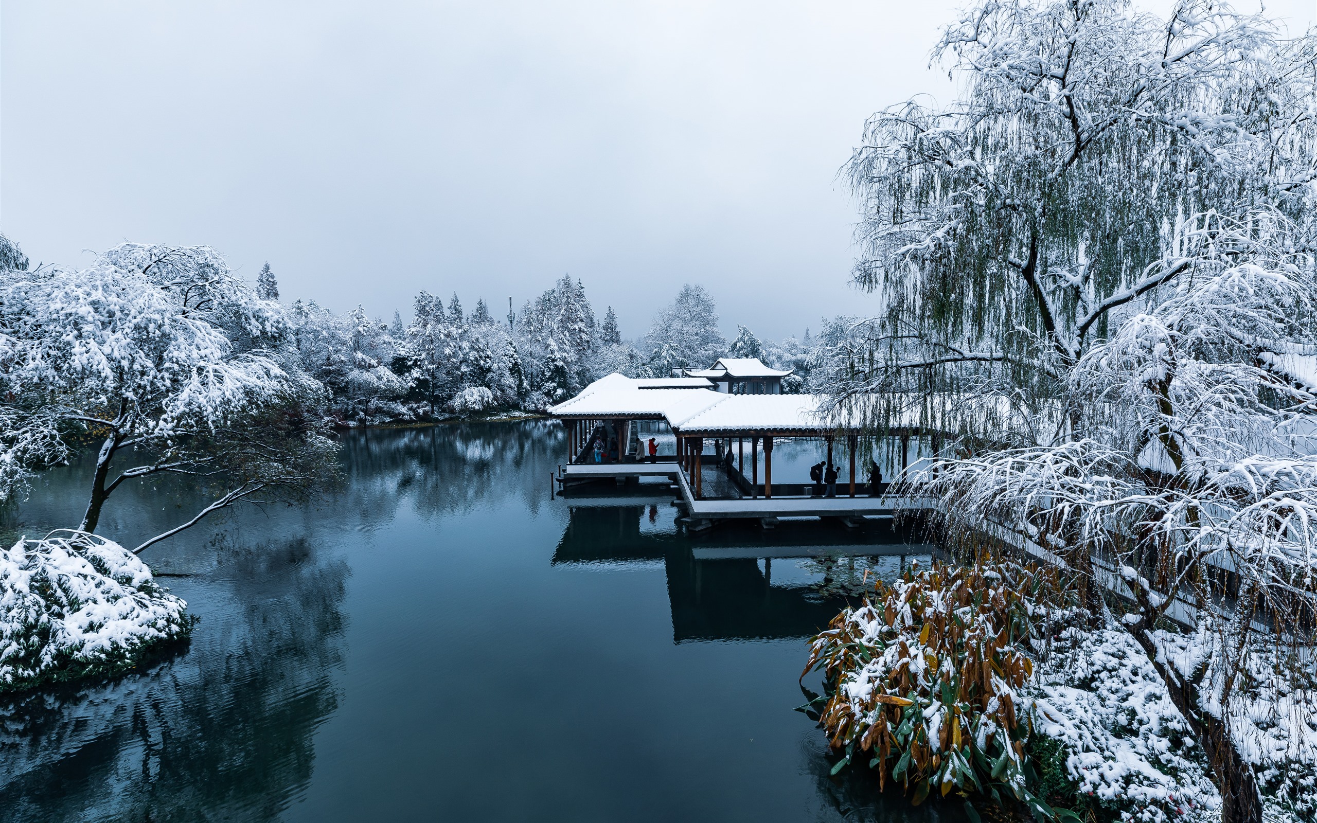 Wallpaper China, Hangzhou, park, snow, trees, lake, people, winter 5120x2880 UHD 5K Picture, Image