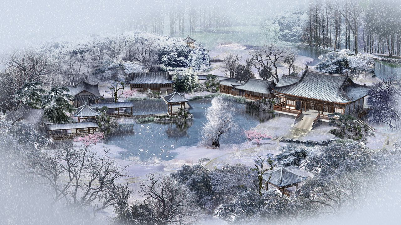 Download wallpaper 1280x720 winter, lodges, china, snow, garden, pond, from above hd, hdv, 720p HD background