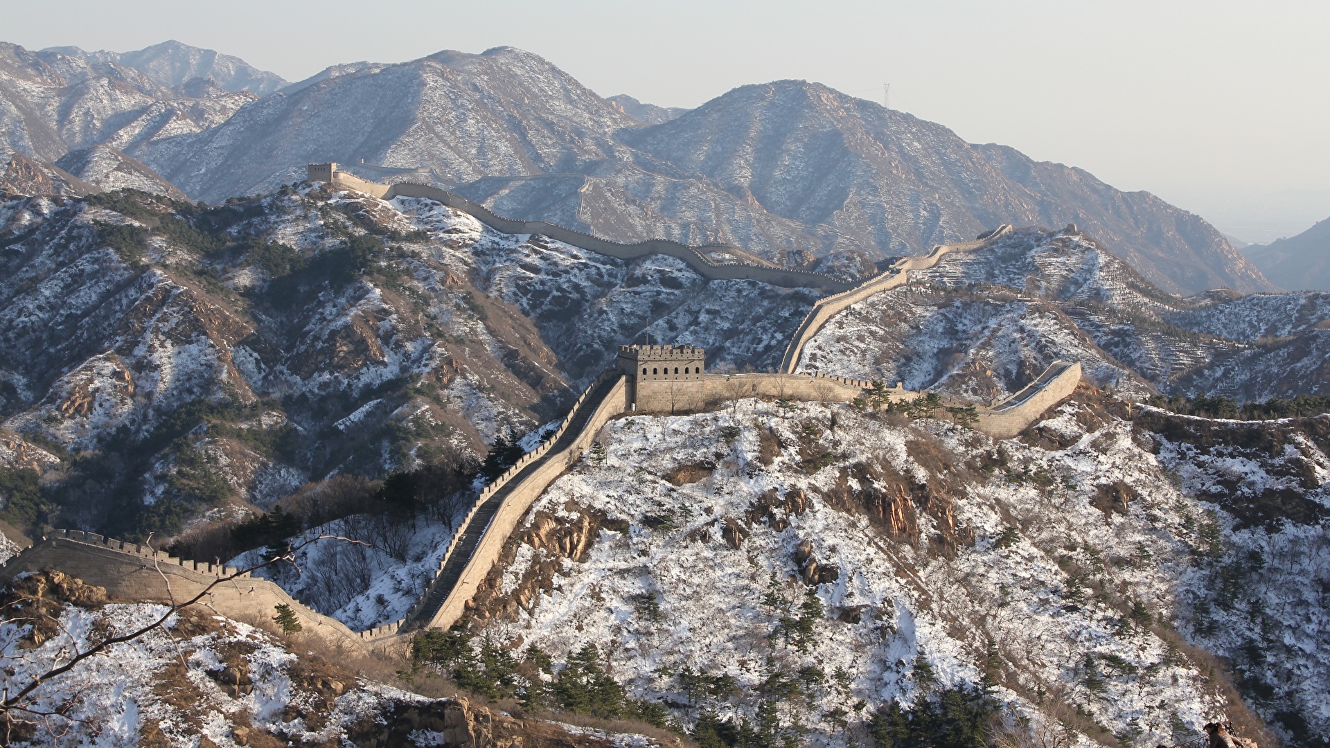 image China Winter Mountains The Great Wall of China Snow 1920x1080