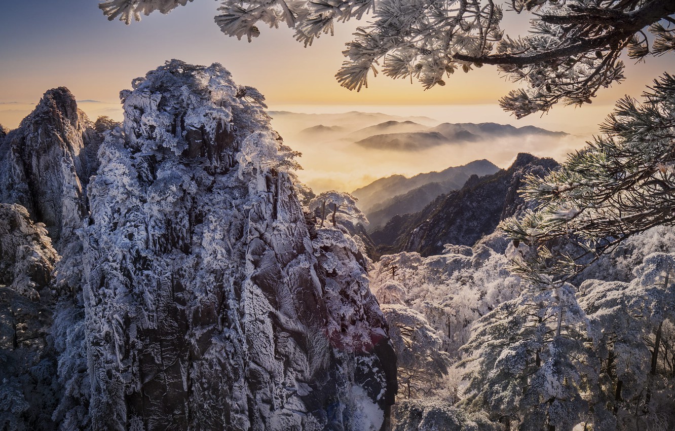Wallpaper winter, clouds, snow, trees, landscape, mountains, branches, nature, fog, rocks, China, pine image for desktop, section пейзажи