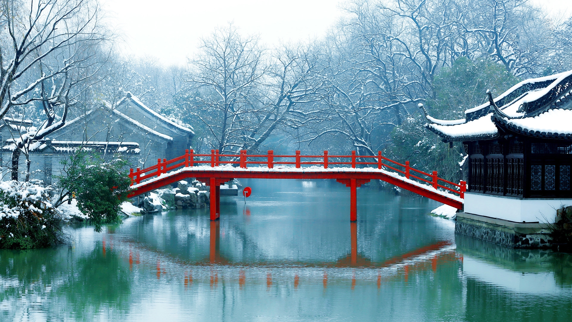 Wallpaper, winter, snow, Suzhou Gardens, garden, China, lake, Chinese traditional architecture 1920x1080