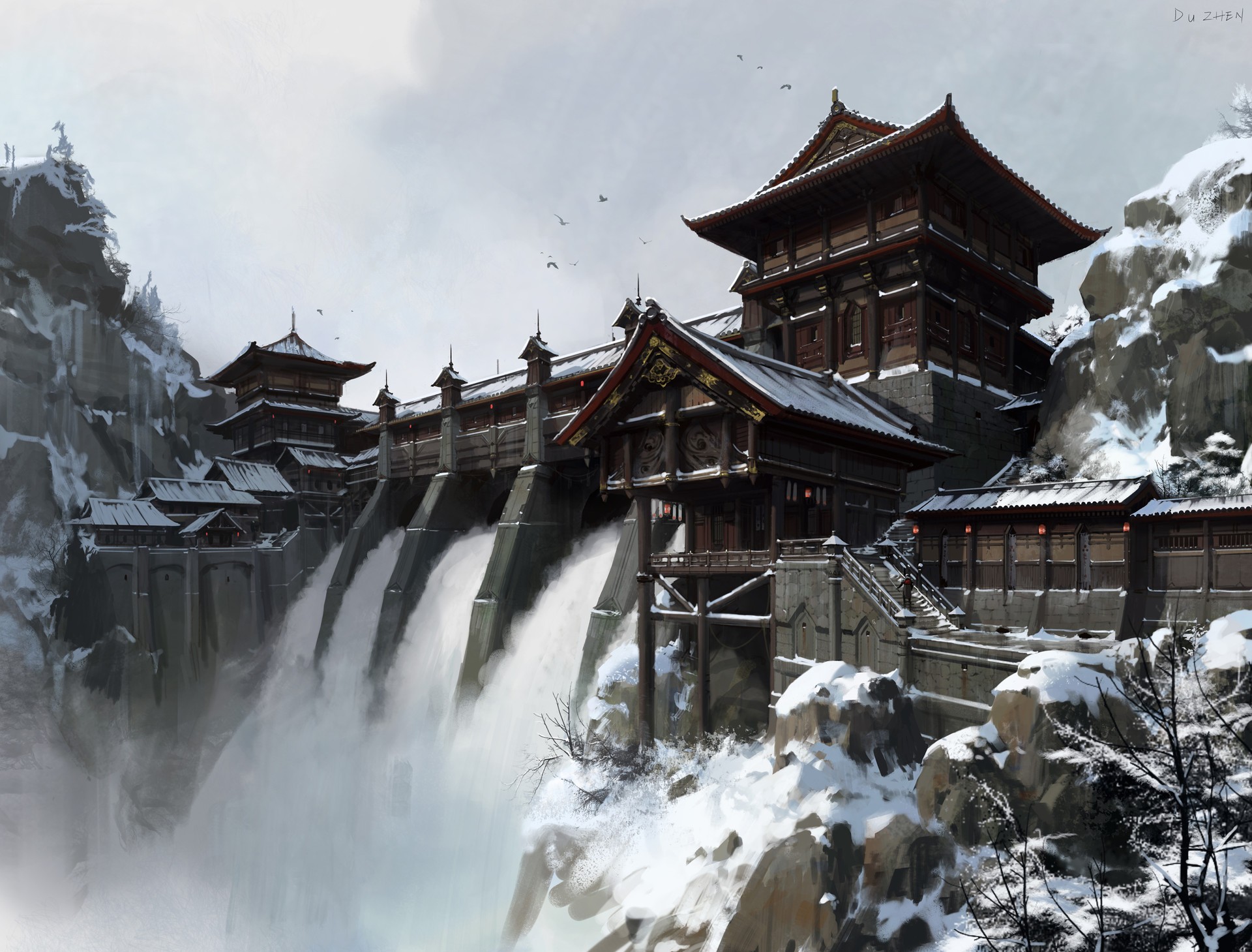 Wallpaper, building, sky, snow, winter, artwork, Chinese architecture, tree, Digital 2D, historic site, mountain range, 1920x1459 px 1920x1459
