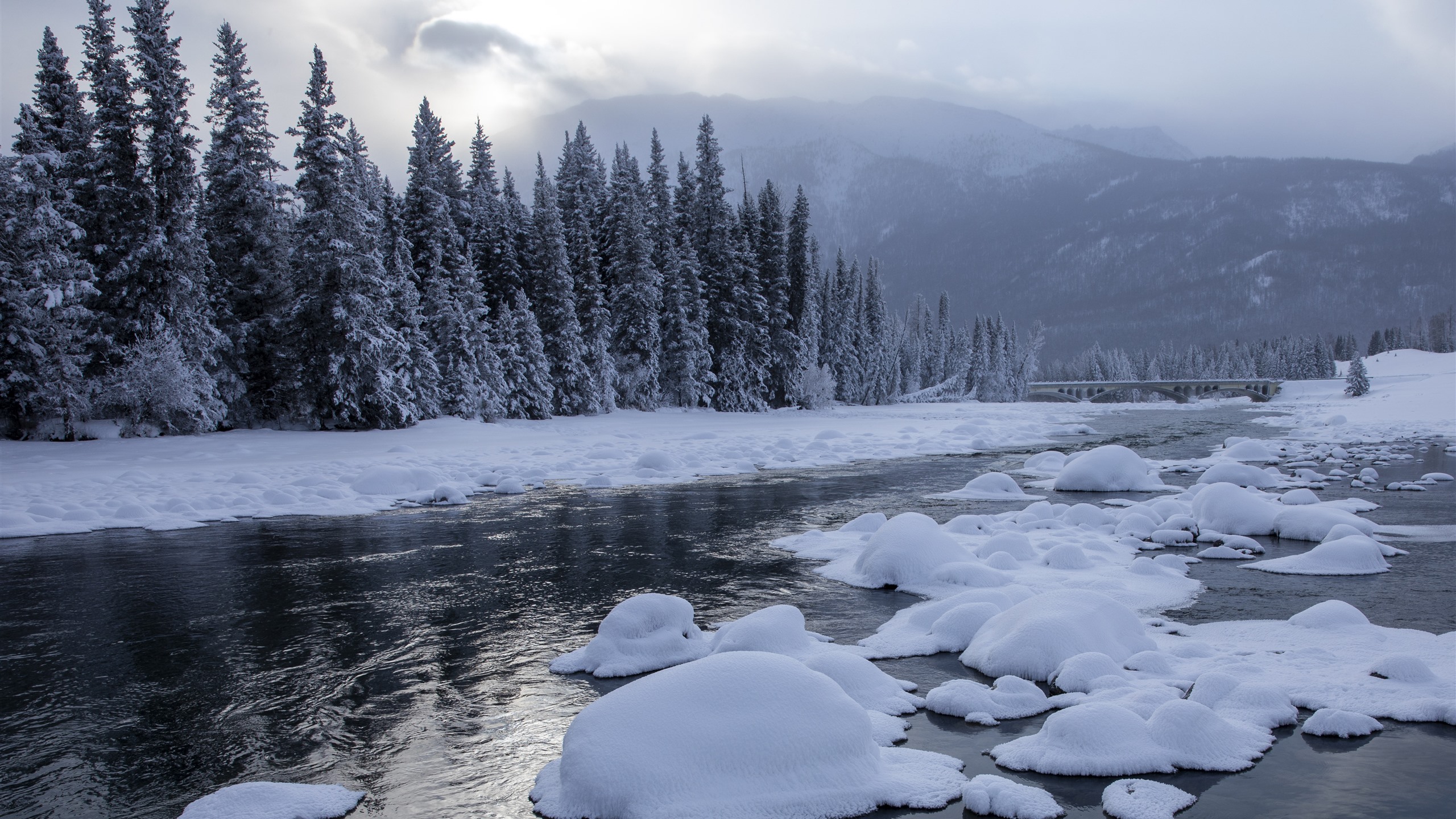 Wallpaper Kanas beautiful winter, snow, trees, river, clouds, China 5120x2880 UHD 5K Picture, Image