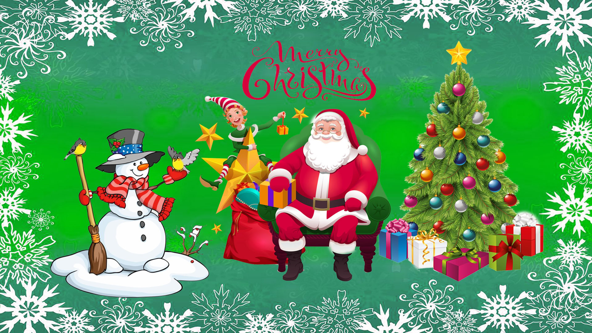 Merry Christmas Santa With Gift Christmas Tree With Decorations Snowman Wallpaper HD, Wallpaper13.com