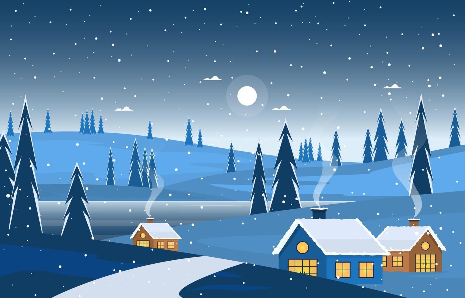 Cozy Winter Night Scene with Trees, Cottages, and Hills