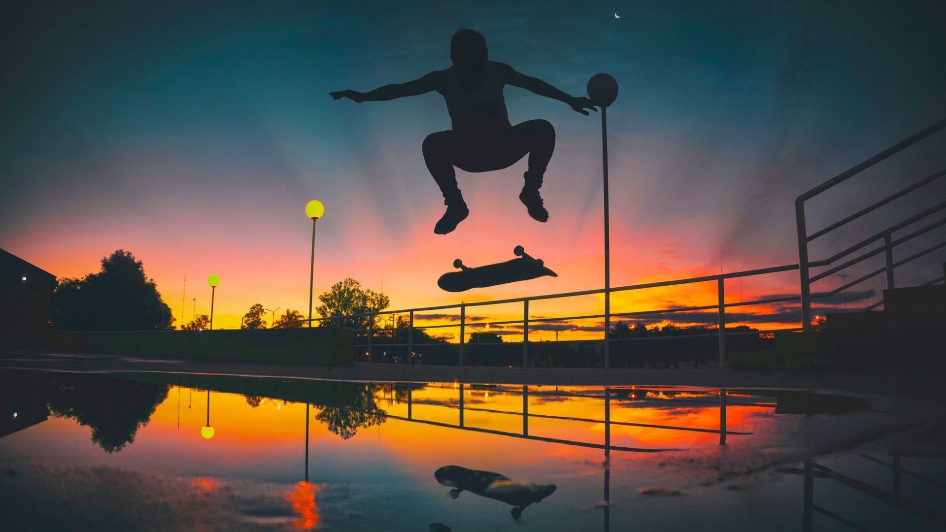 Desktop wallpaper man, skateboarding, sports, sunset, silhouette, HD image, picture, background, 89b745