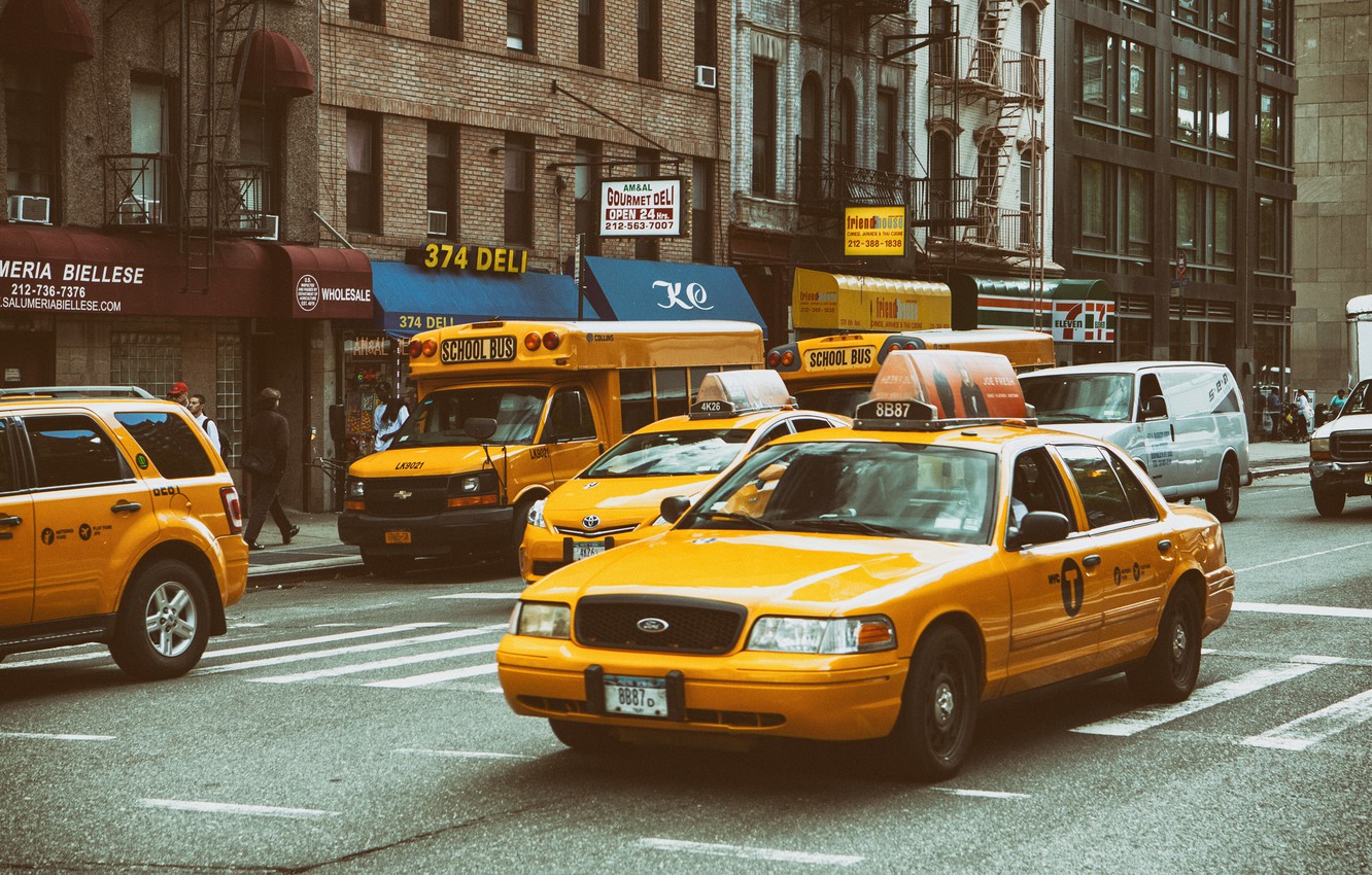 Wallpaper Manhattan, NYC, New York City, street, taxi, school bus, Yellow Traffic image for desktop, section город