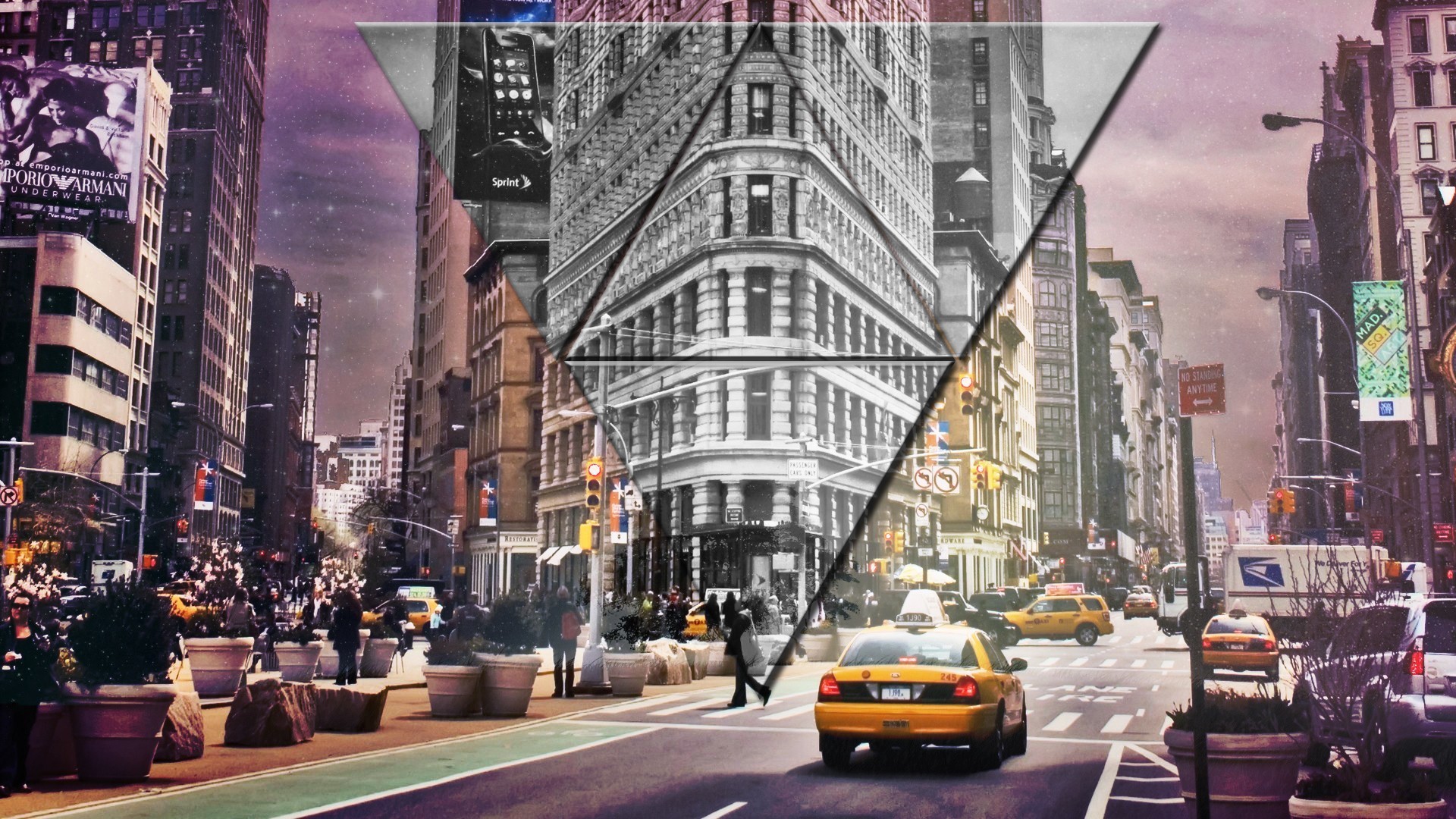 1920x1080 new york city new york taxi street city triangle digital art purple stars wallpaper JPG 636 kB HD Wallpaper