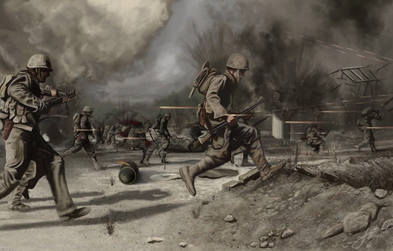 Wallpaper field, war, soldiers, war, pustosh, Crossing the battlefield image for desktop, section живопись