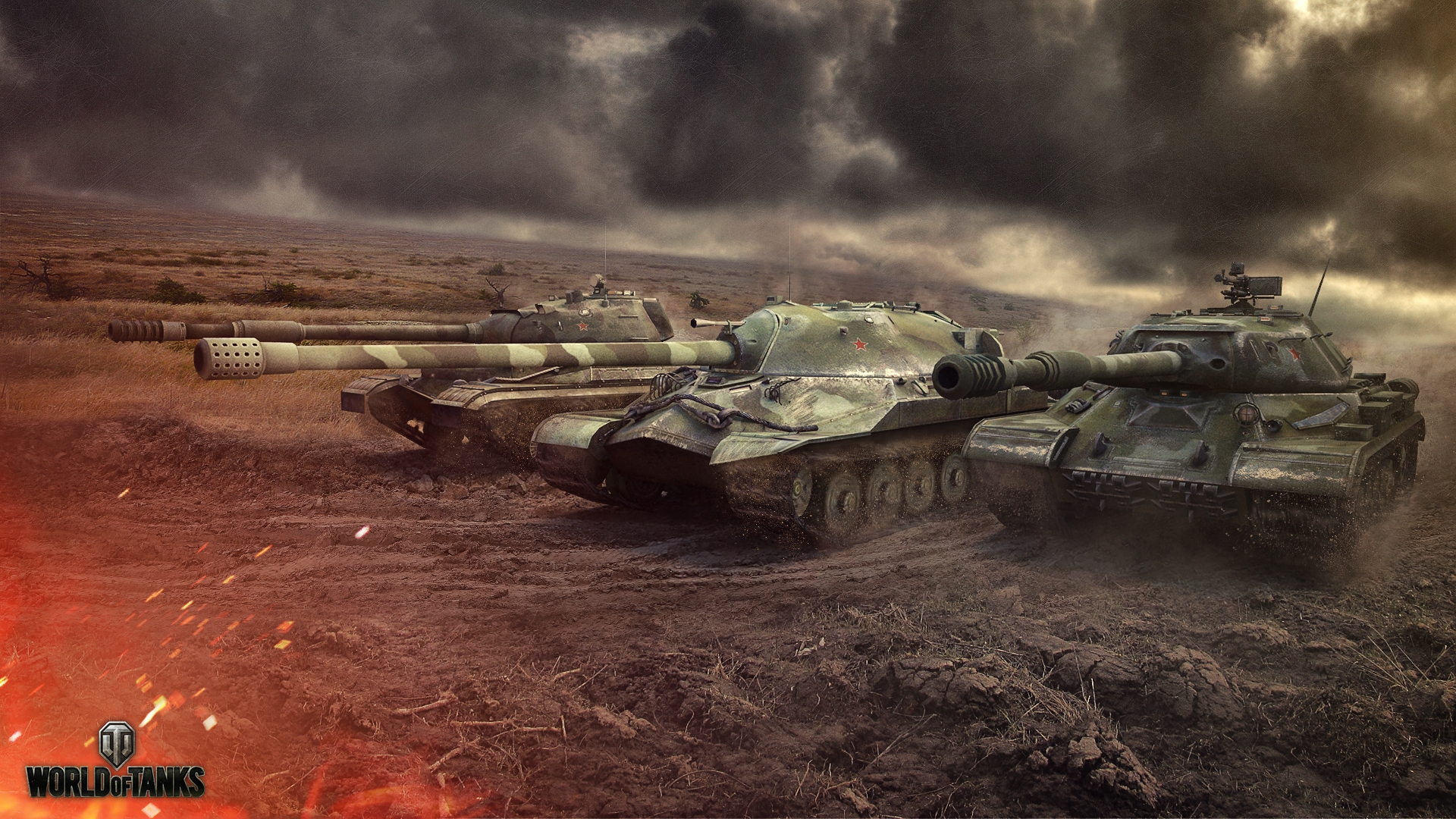 Download 1920x1080 World Of Tanks, Battlefield, Dark Clouds, Earth, War, Field, Artwork Wallpaper for Widescreen
