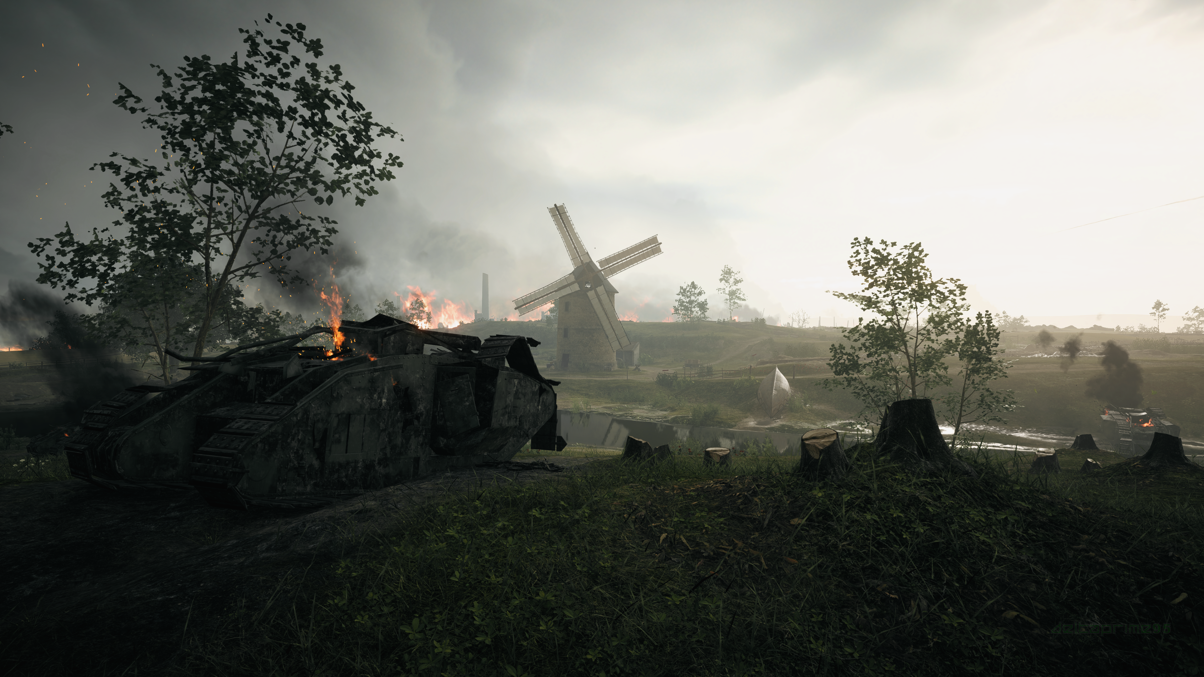 4K, In Game, PC Gaming, Mark I, Tank, River Somme, Screen Shot, France, Fire, Windmill, Destruction, Overcast, Field, Trenches, World War I, Battlefield British HD Wallpaper