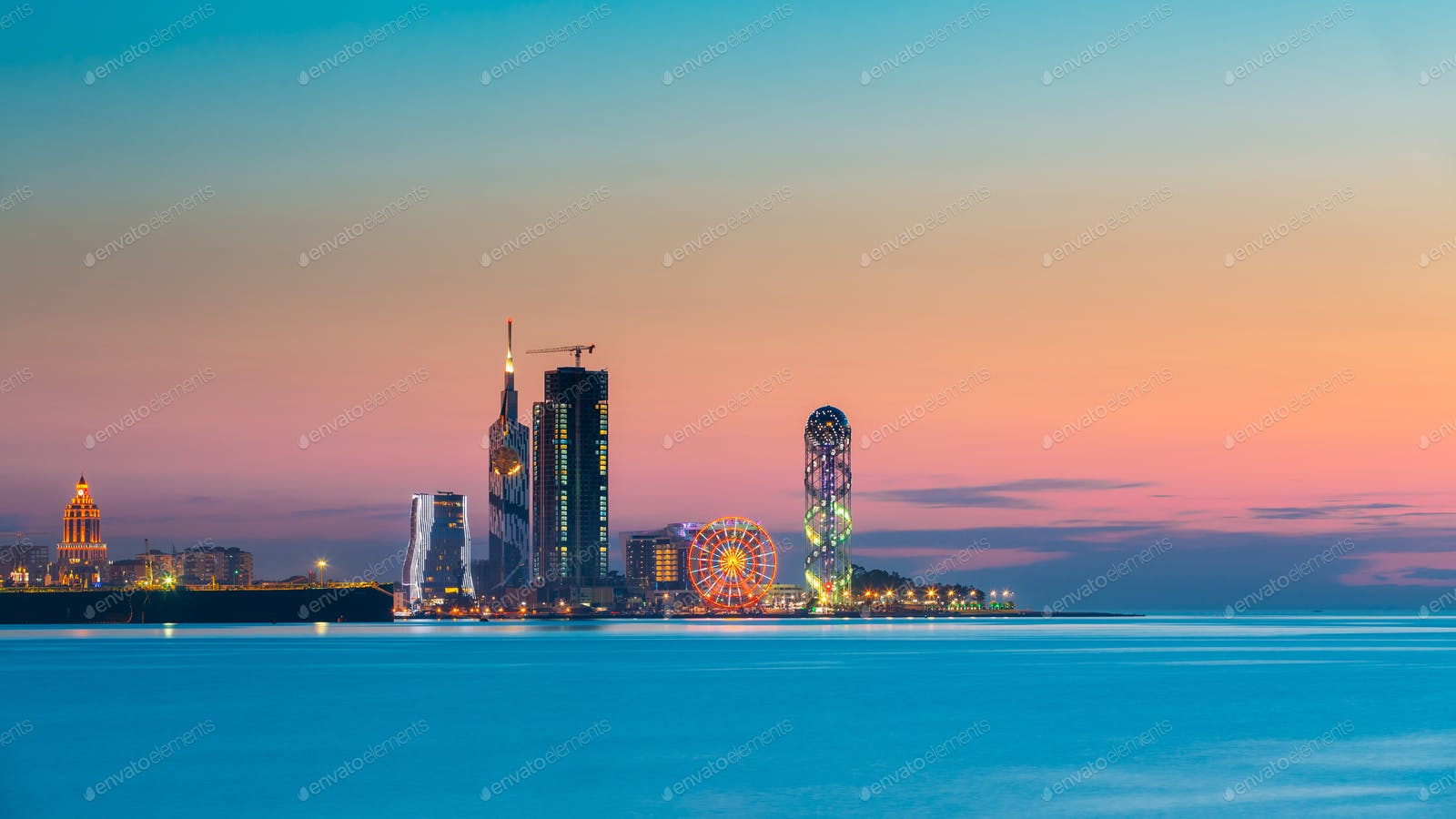 Batumi, Adjara, Georgia. Panorama of illuminated resort town at photo by Grigory_bruev on Envato Elements