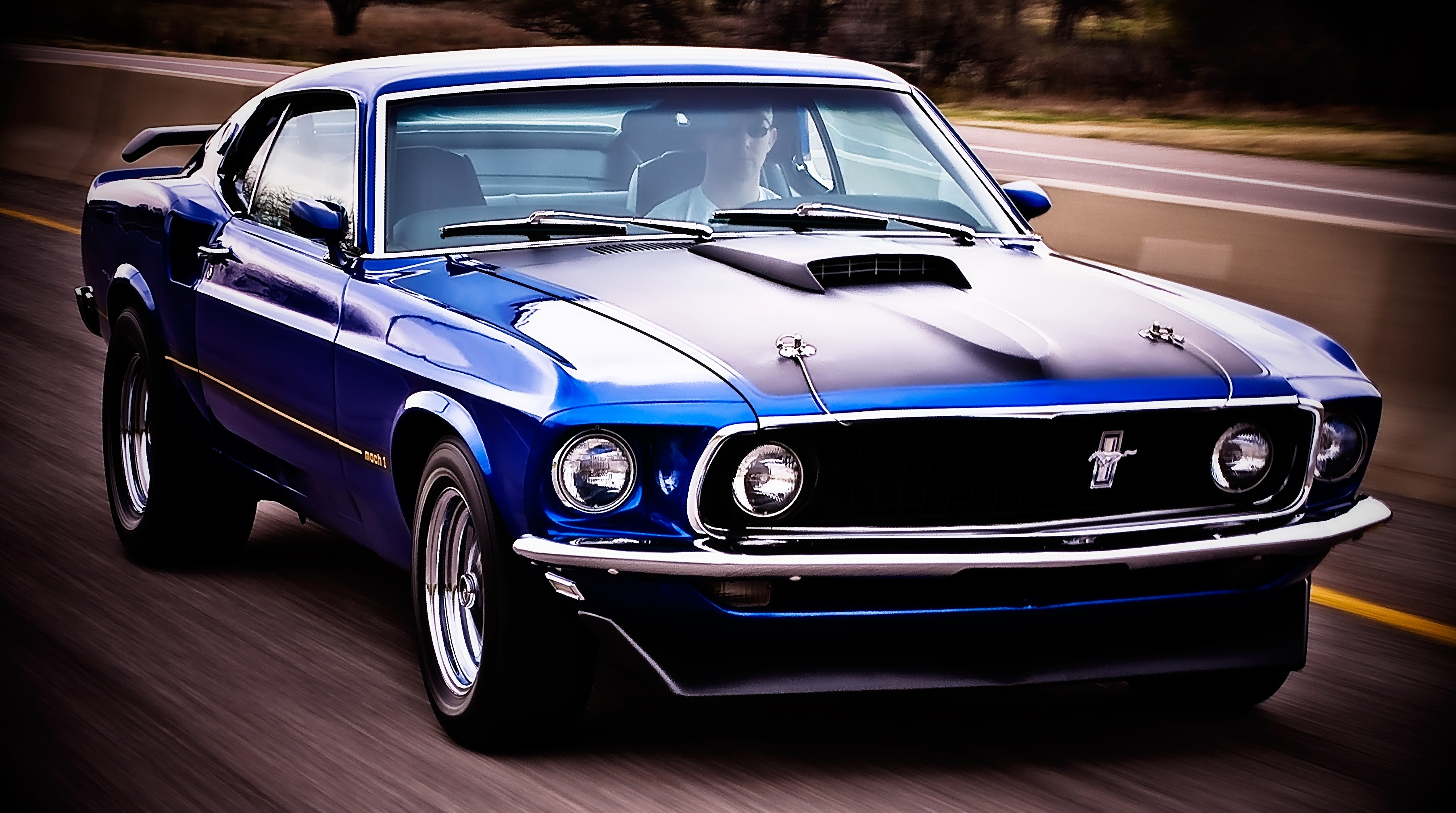 Download Wallpapers, Download blue vintage cars power classic highway chrome ford mustang motion antique fastback speed 3610x20 Wallpapers –Free Wallpapers Download