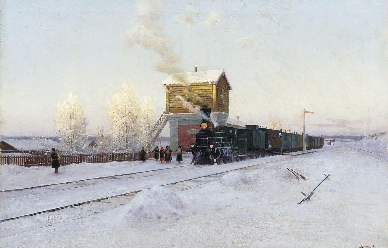 Wallpaper snow, train, the snow, 1891, At the station, Winter morning at the Ural railway, Vladimir KAZANTSEV image for desktop, section живопись